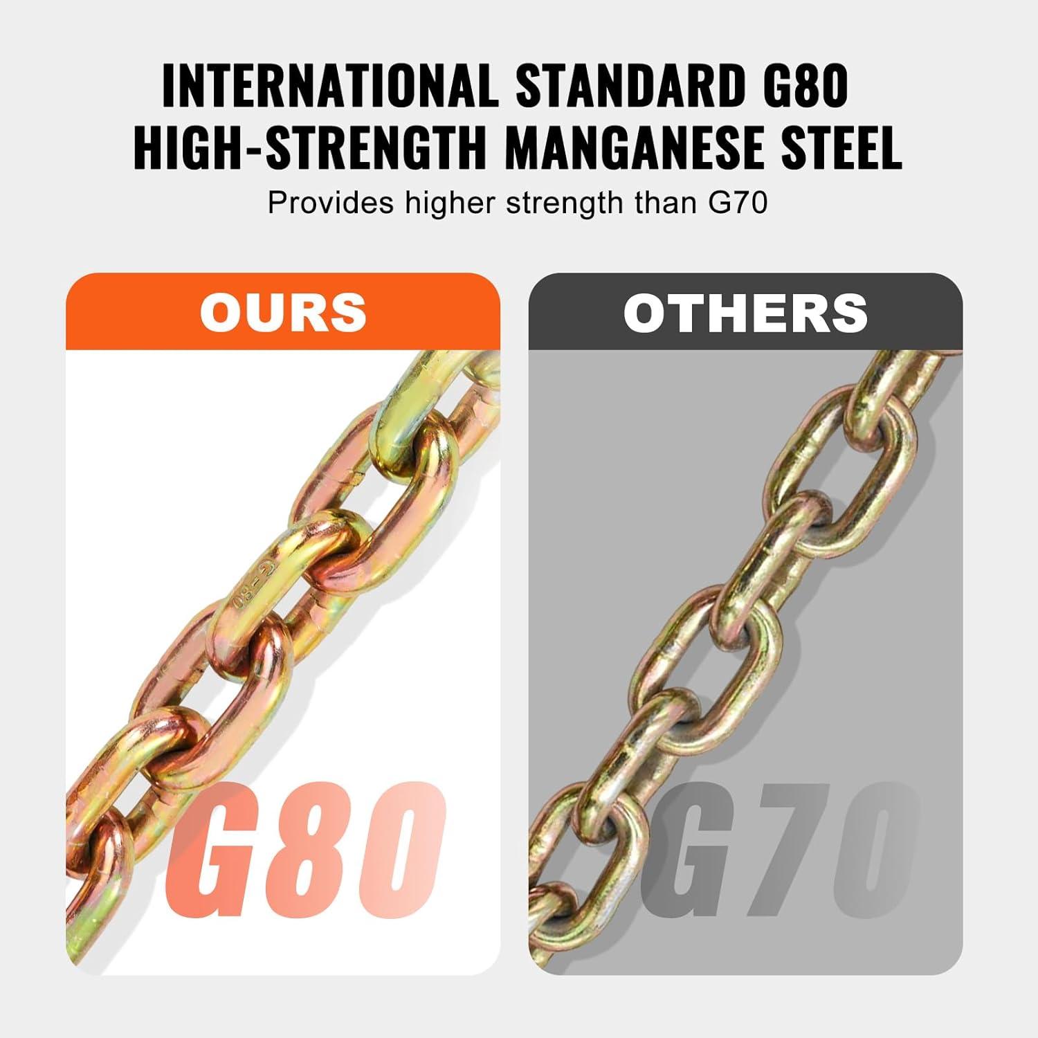image:imageVEVOR G80 Transport Binder Chain 516 x 142 Tow Chain with Clevis Grab Hooks 4900 lbs Safe Working Load Heavy Duty Trailer Logging Chain for Transporting Towing Truck Tie Down Binding Equipment1 Pack
