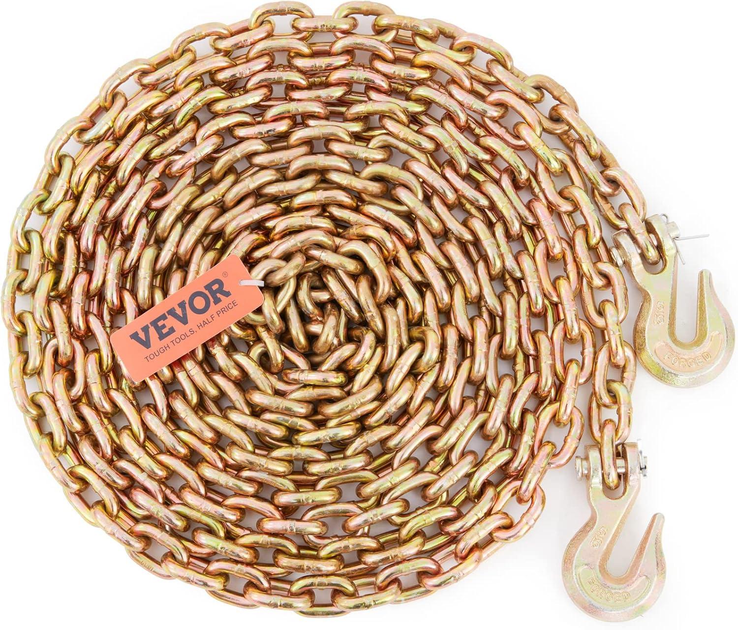 image:imageVEVOR G80 Transport Binder Chain 516 x 142 Tow Chain with Clevis Grab Hooks 4900 lbs Safe Working Load Heavy Duty Trailer Logging Chain for Transporting Towing Truck Tie Down Binding Equipment1 Pack