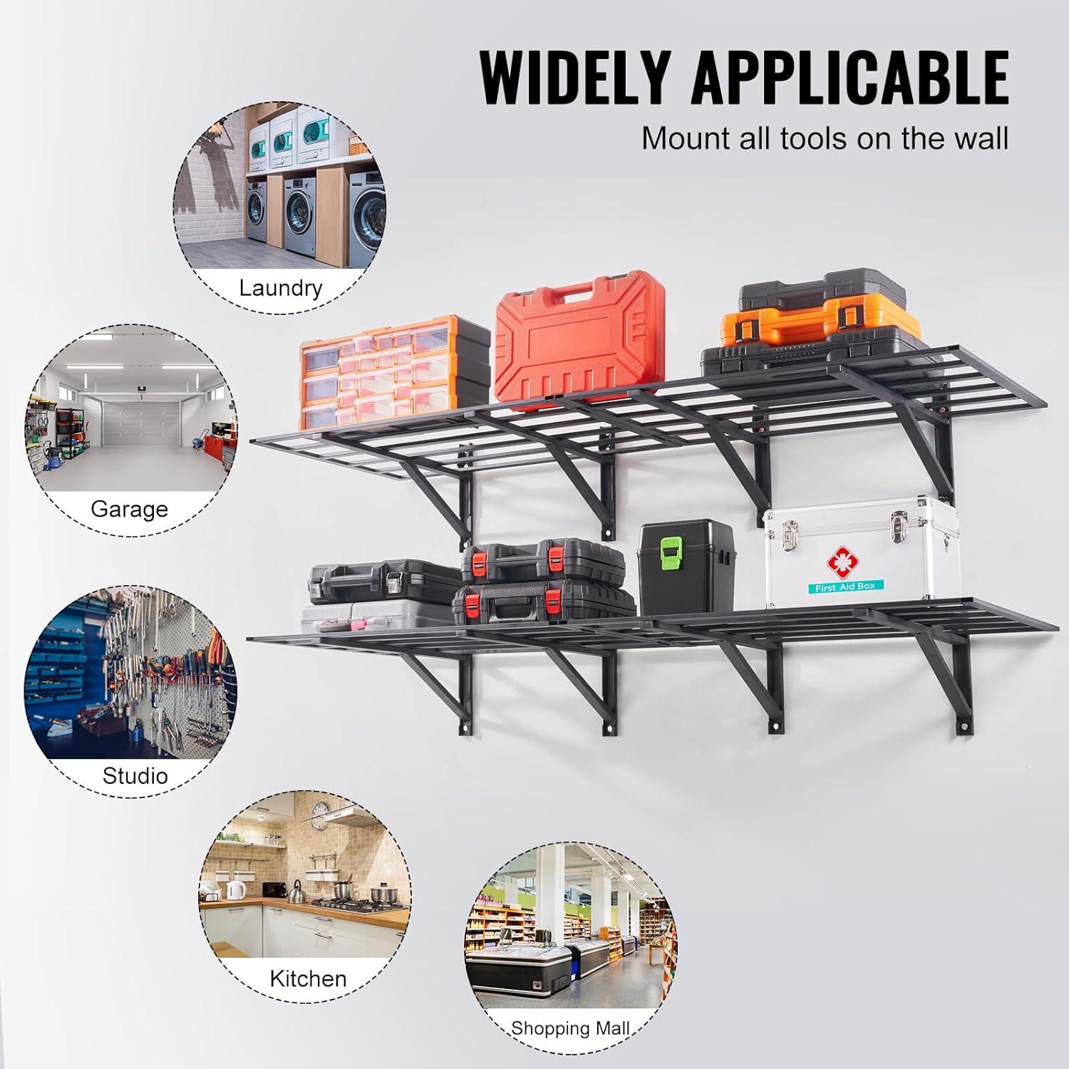 image:imageVEVOR Garage Shelving Wall Mounted 2 x 6 ft Heavy Duty Garage Wall Shelves 1600 lbs Load Capacity Garage Storage Rack Floating Shelves 2 Pack Suitable for Shop Shed Garage Storage1600LBS
