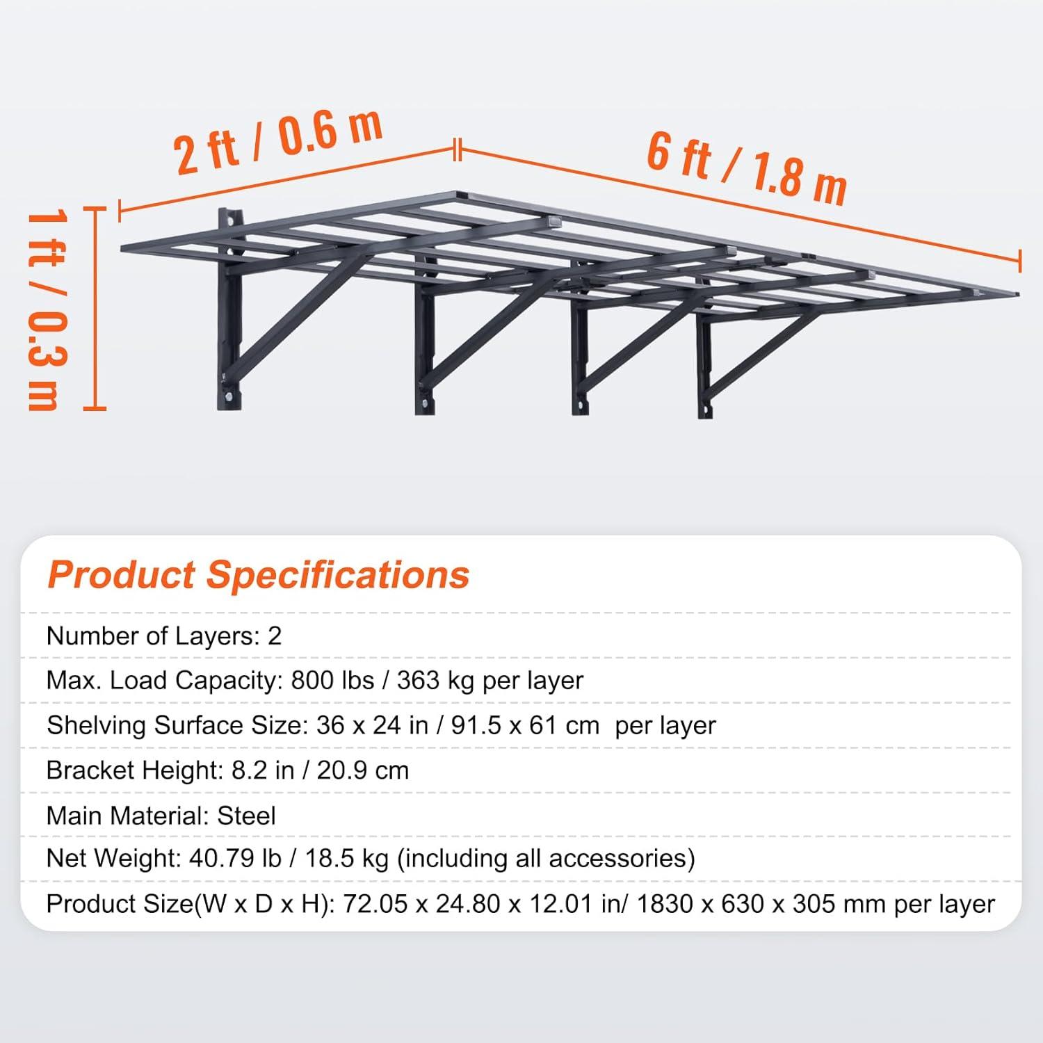 image:imageVEVOR Garage Shelving Wall Mounted 2 x 6 ft Heavy Duty Garage Wall Shelves 1600 lbs Load Capacity Garage Storage Rack Floating Shelves 2 Pack Suitable for Shop Shed Garage Storage1600LBS