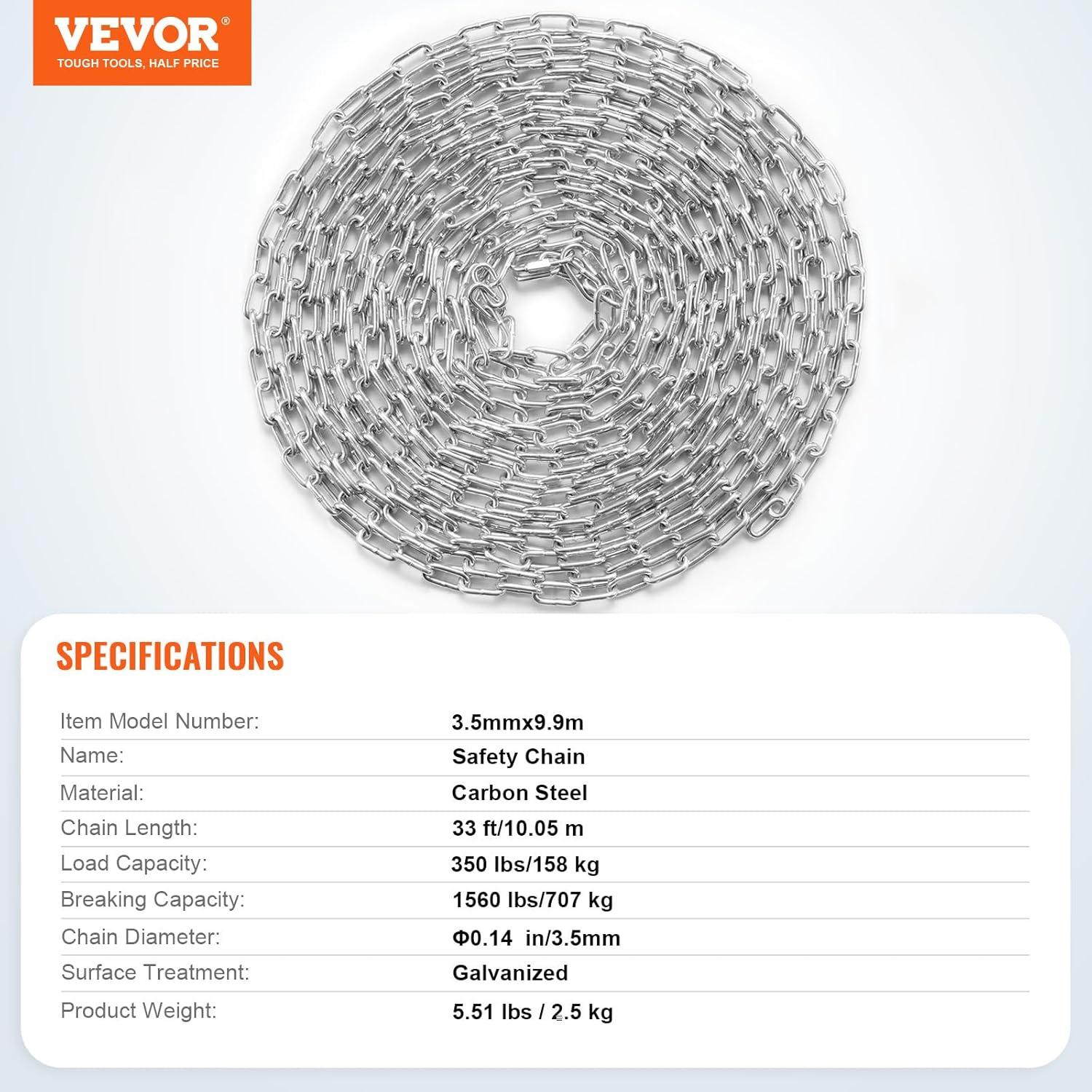 image:imageVEVOR Grade 30 Chain 14 Inch by 100Ft Length Grade 30 Proof Coil Chain Zinc Plated Grade 30 Chain for Towing Logging Agriculture and Guard Rails18 Inch x 33 Ft