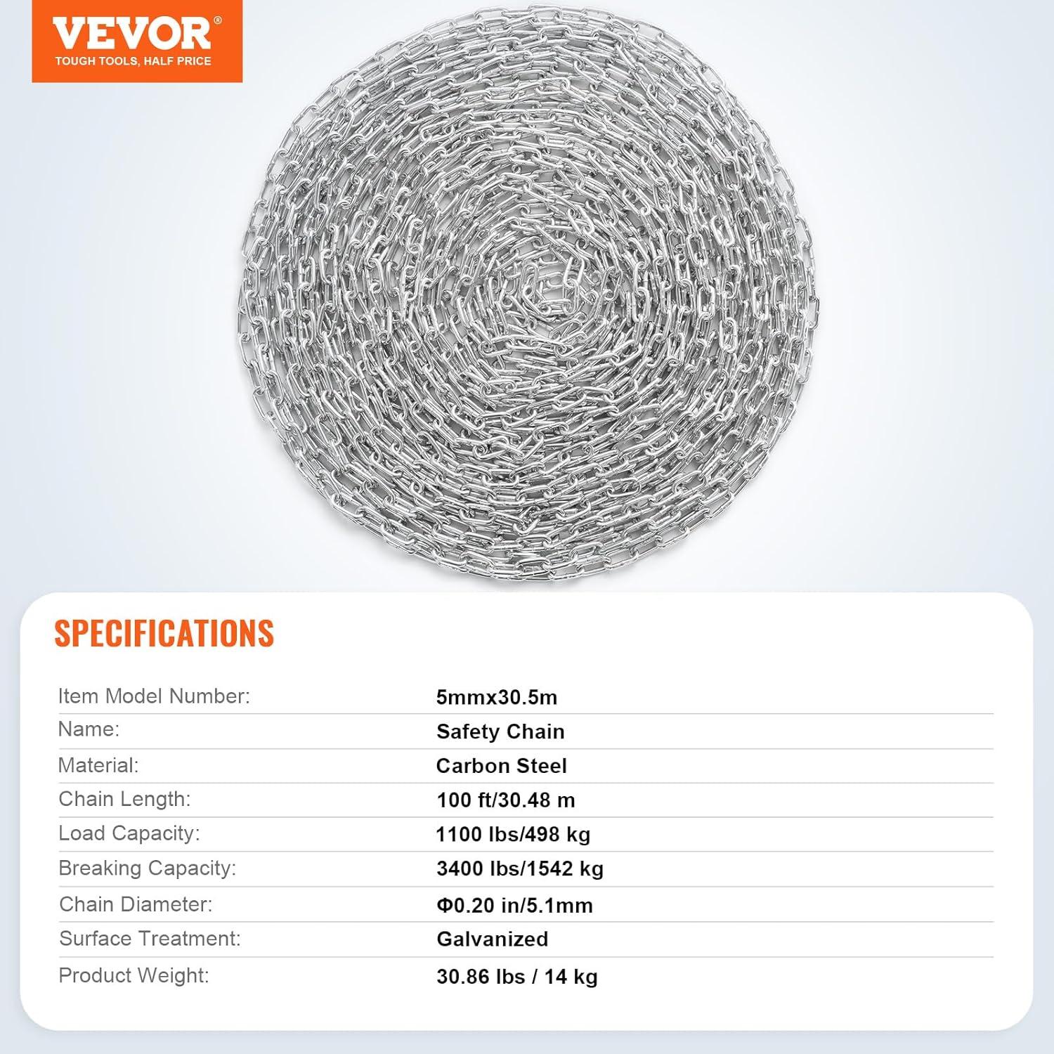 image:imageVEVOR Grade 30 Chain 14 Inch by 100Ft Length Grade 30 Proof Coil Chain Zinc Plated Grade 30 Chain for Towing Logging Agriculture and Guard Rails316 Inch x 100 Ft