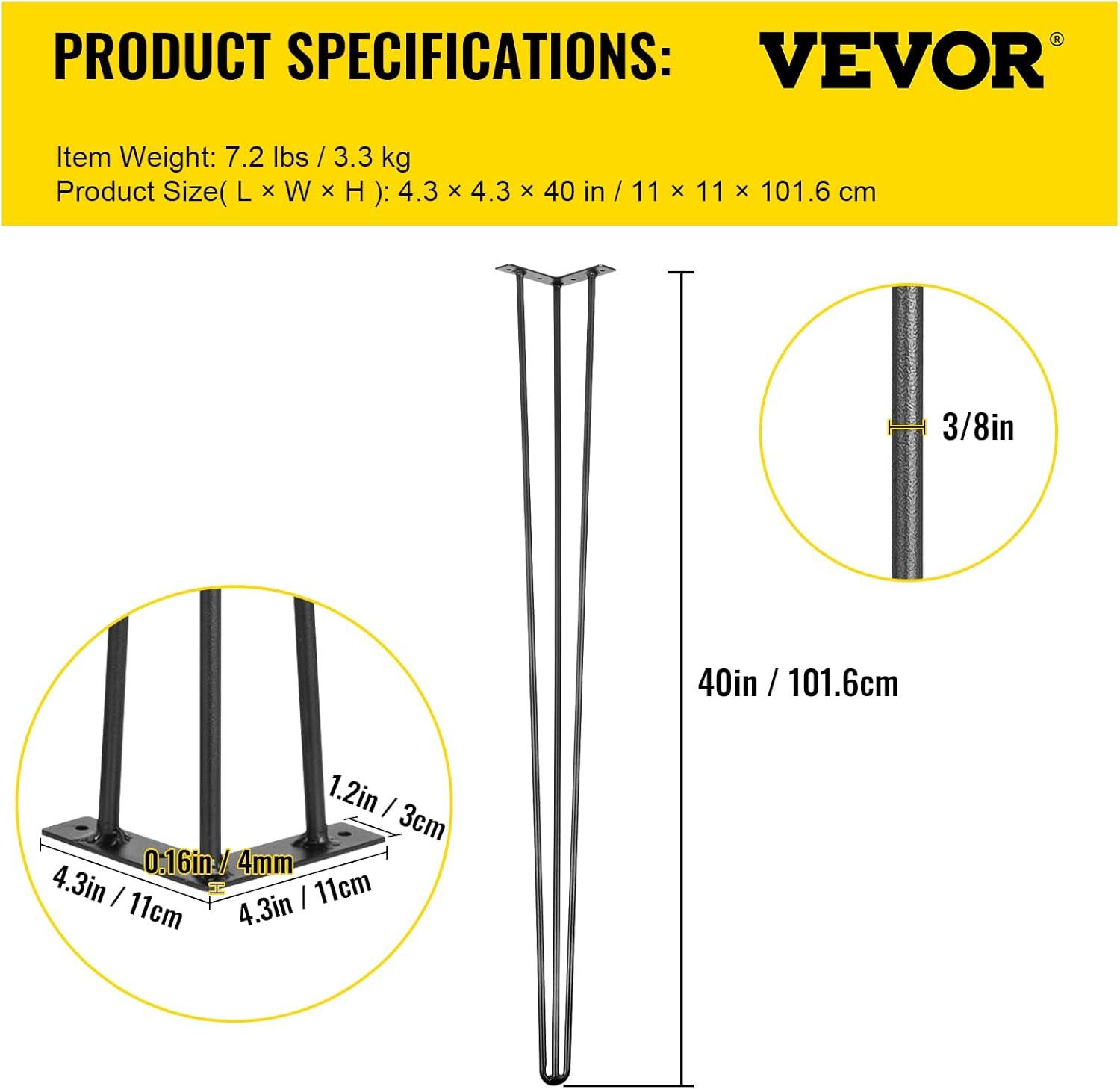 image:imageVEVOR Hairpin Table Legs 18 Black Set of 4 Desk Legs 880lbs Total Load Capacity Hairpin Desk Legs 3 Rods for Bench Desk Dining End Table Chairs Carbon Steel DIY Heavy Duty Furniture Legs40 Inch