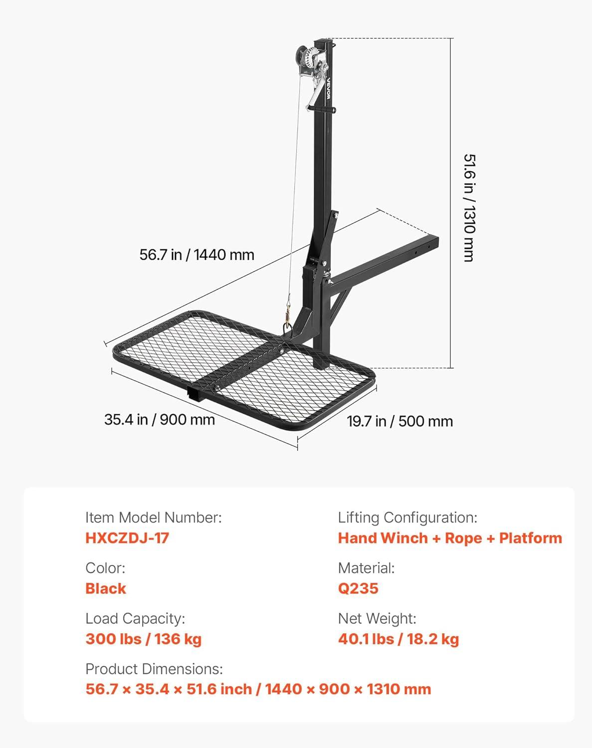 image:imageVEVOR Hitch Deer Hoist with Lifting System Platform 300 lbs Load Capacity Game Hoist Winch Lift with 2inch Receiver 360Degree Swivel Shaft amp Foldable HitchMounted Deer Hanger for Moving Game300 lbs