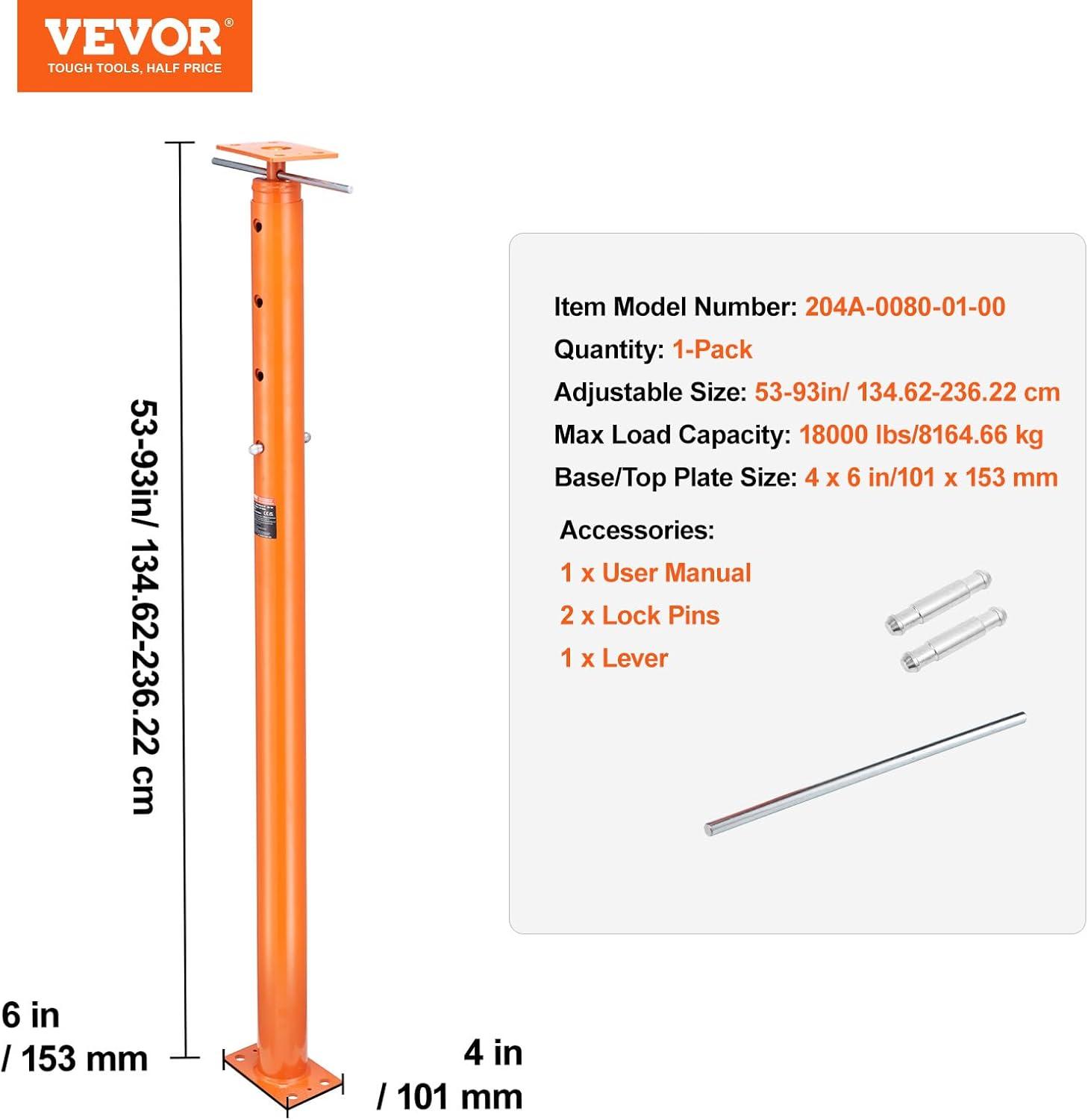 image:imageVEVOR House Floor Jack 56100 Height Range 18000 lbs Max Load Capacity Adjustable Support Beam Basement Jack Post Pole for Leveling Lift Support Steel Telescoping Jack for Temporary Support5393