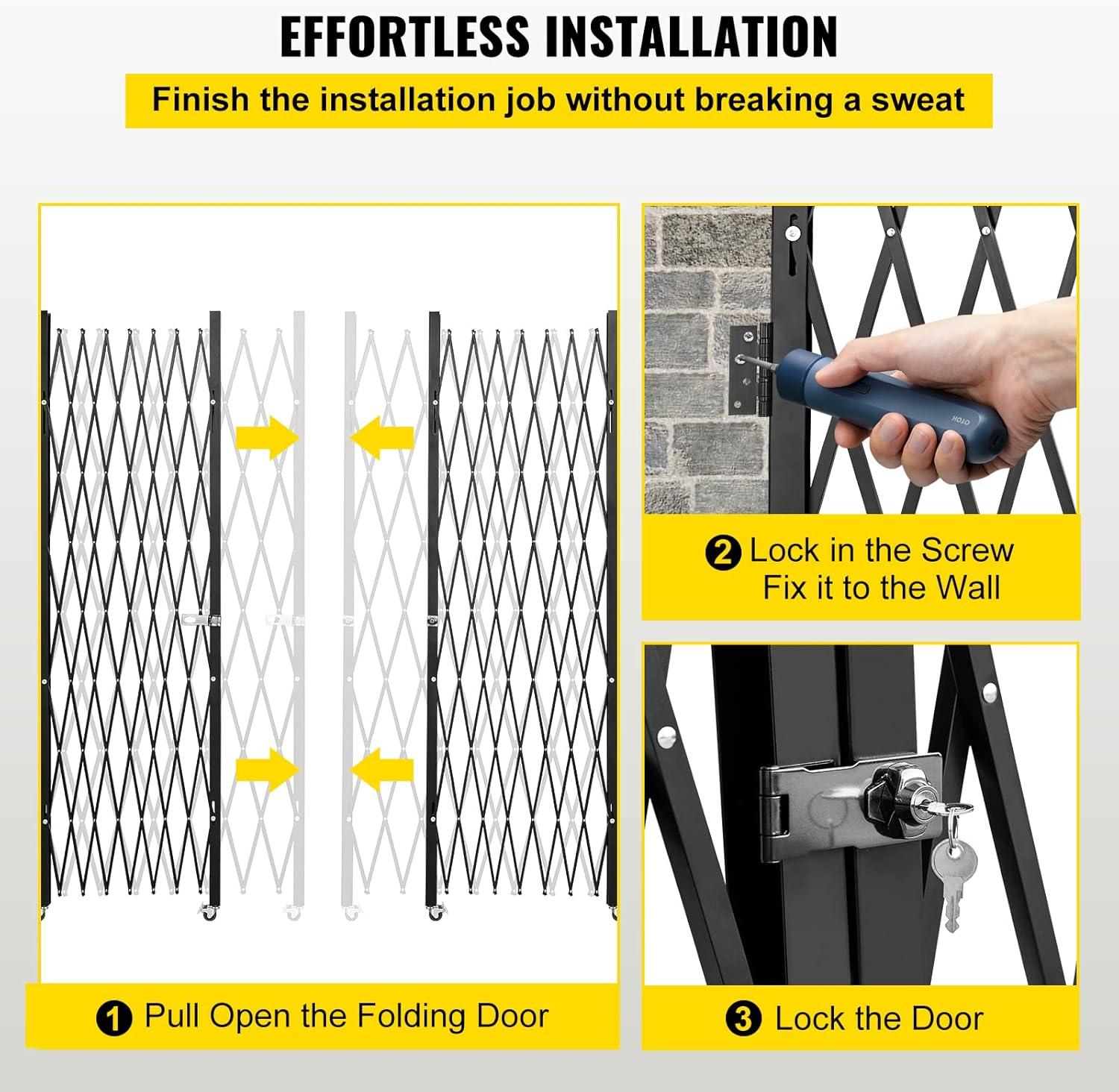 image:imageVEVOR Hx12W Double 12W Folding Security Gate 612 H x 12 W Black 78 Sq Ft87 H x 150 W