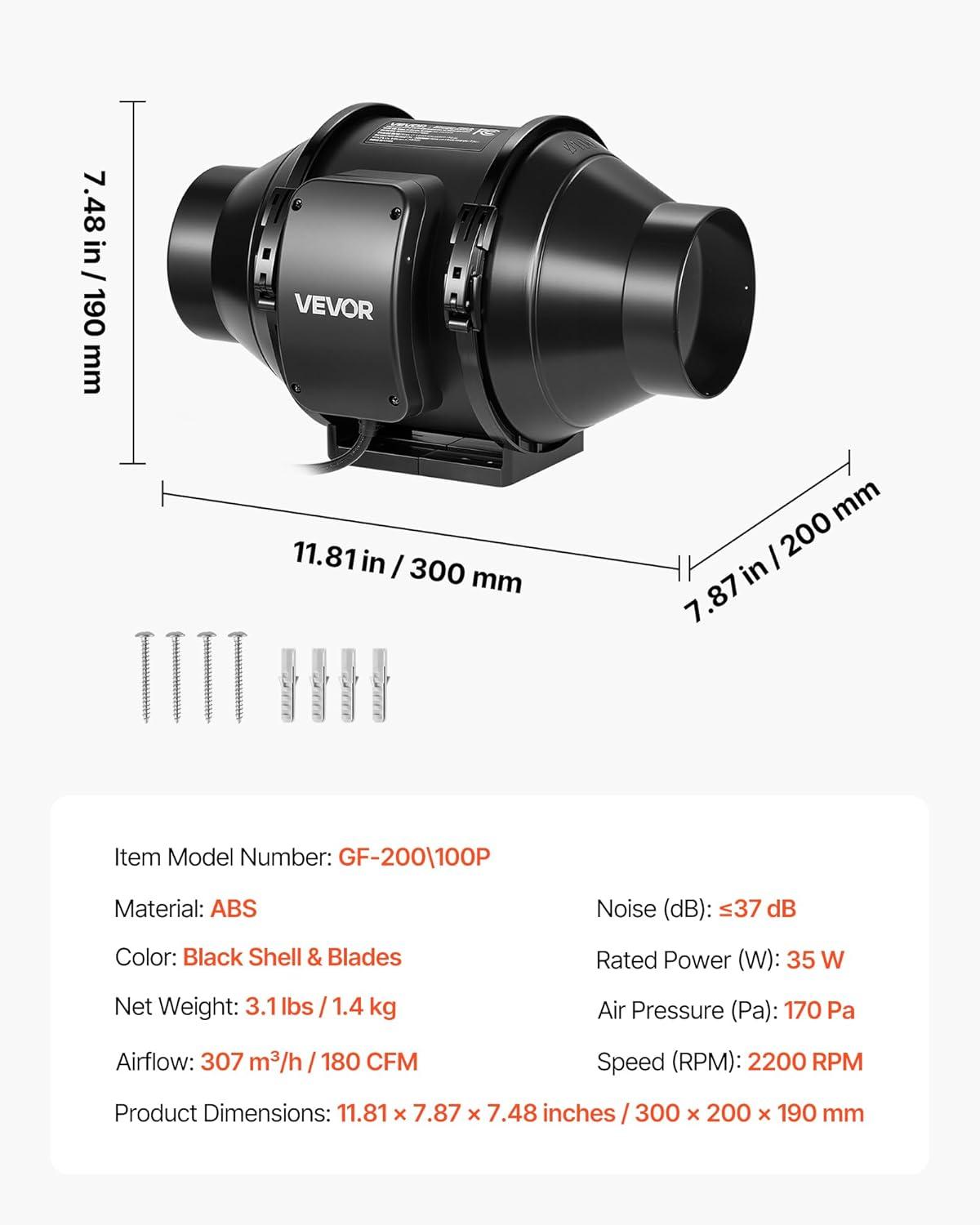 image:imageVEVOR Inline Duct Fan 6Inch 400 CFM with Variable Speed Controller Quiet ACMotor Ventilation Exhaust Fan for Cooling Booster Grow Tents Hydroponics4 Inline Fan