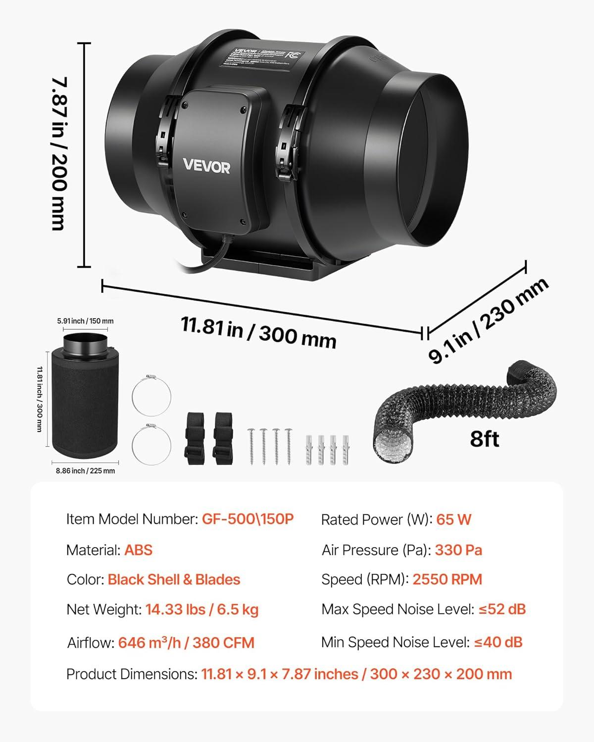image:imageVEVOR Inline Duct Fan 6Inch 400 CFM with Variable Speed Controller Quiet ACMotor Ventilation Exhaust Fan for Cooling Booster Grow Tents Hydroponics6 Fan Air Filtration Kit