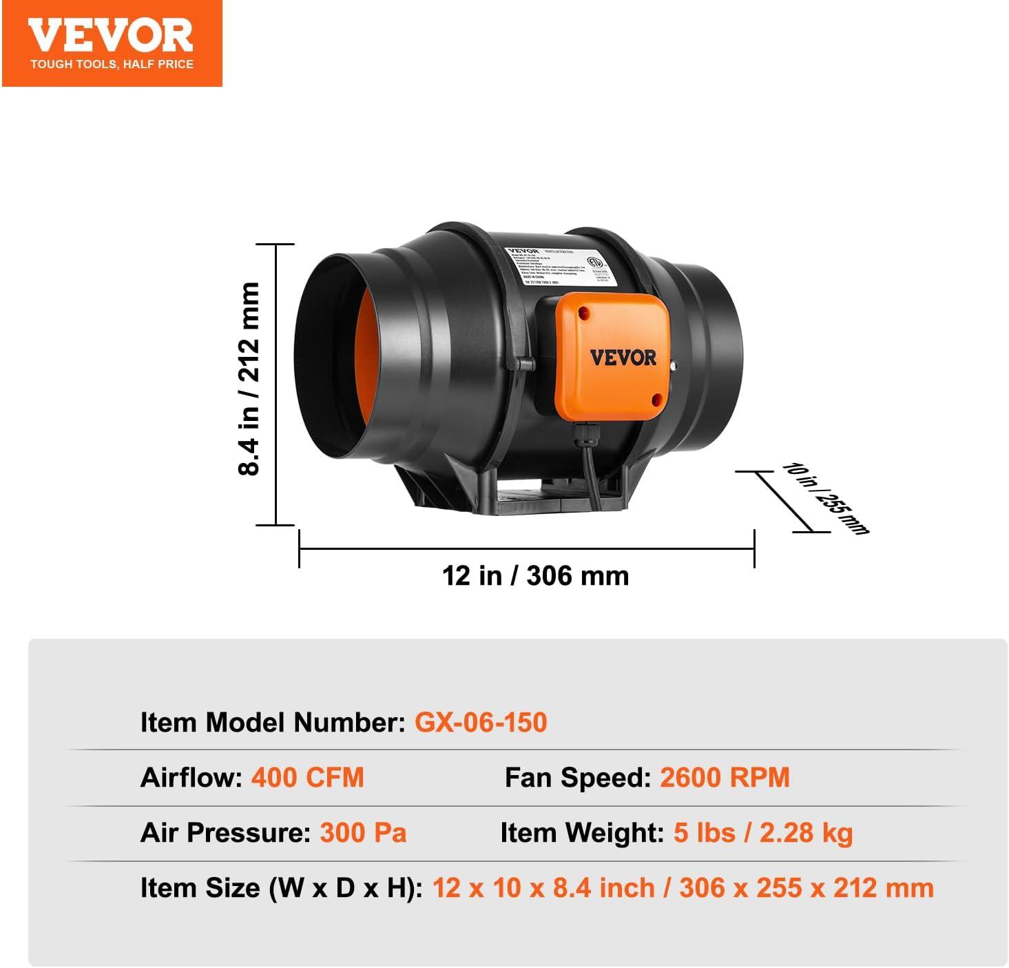 image:imageVEVOR Inline Duct Fan 6Inch 400 CFM with Variable Speed Controller Quiet ACMotor Ventilation Exhaust Fan for Cooling Booster Grow Tents Hydroponics6 Fan Variable Speed Controller