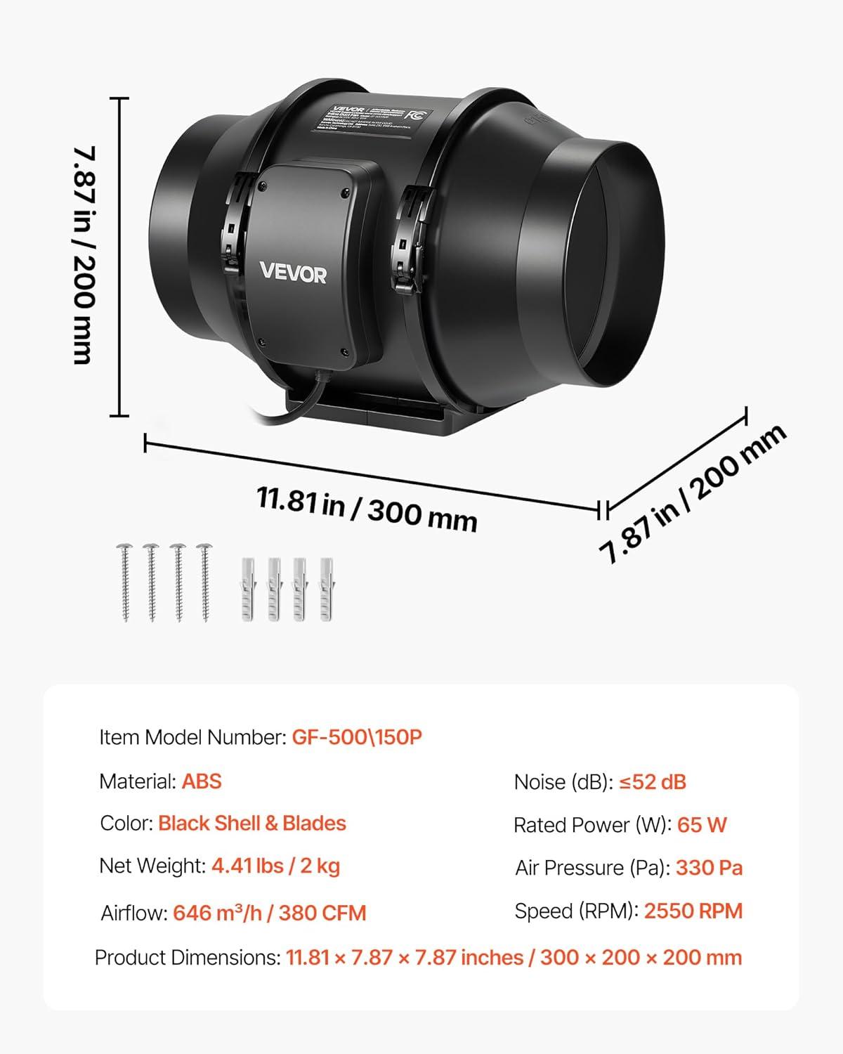 image:imageVEVOR Inline Duct Fan 6Inch 400 CFM with Variable Speed Controller Quiet ACMotor Ventilation Exhaust Fan for Cooling Booster Grow Tents Hydroponics6 Inline Fan