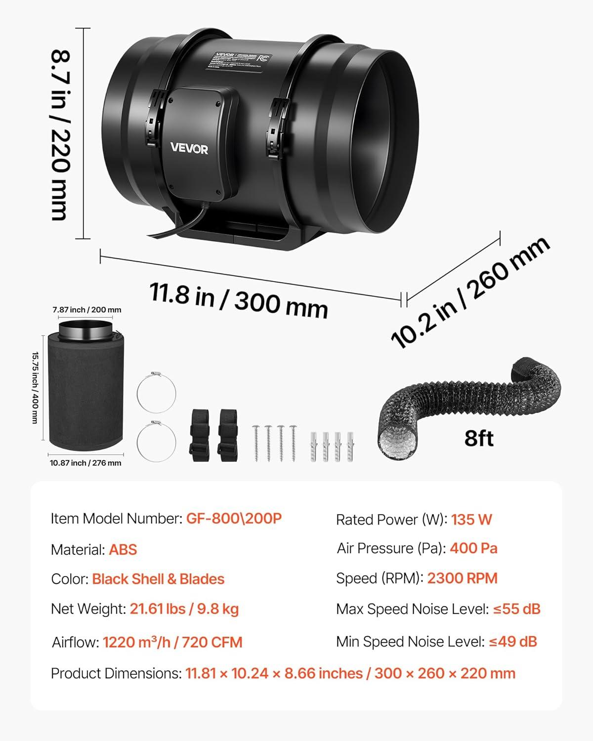 image:imageVEVOR Inline Duct Fan 6Inch 400 CFM with Variable Speed Controller Quiet ACMotor Ventilation Exhaust Fan for Cooling Booster Grow Tents Hydroponics8 Fan Air Filtration Kit