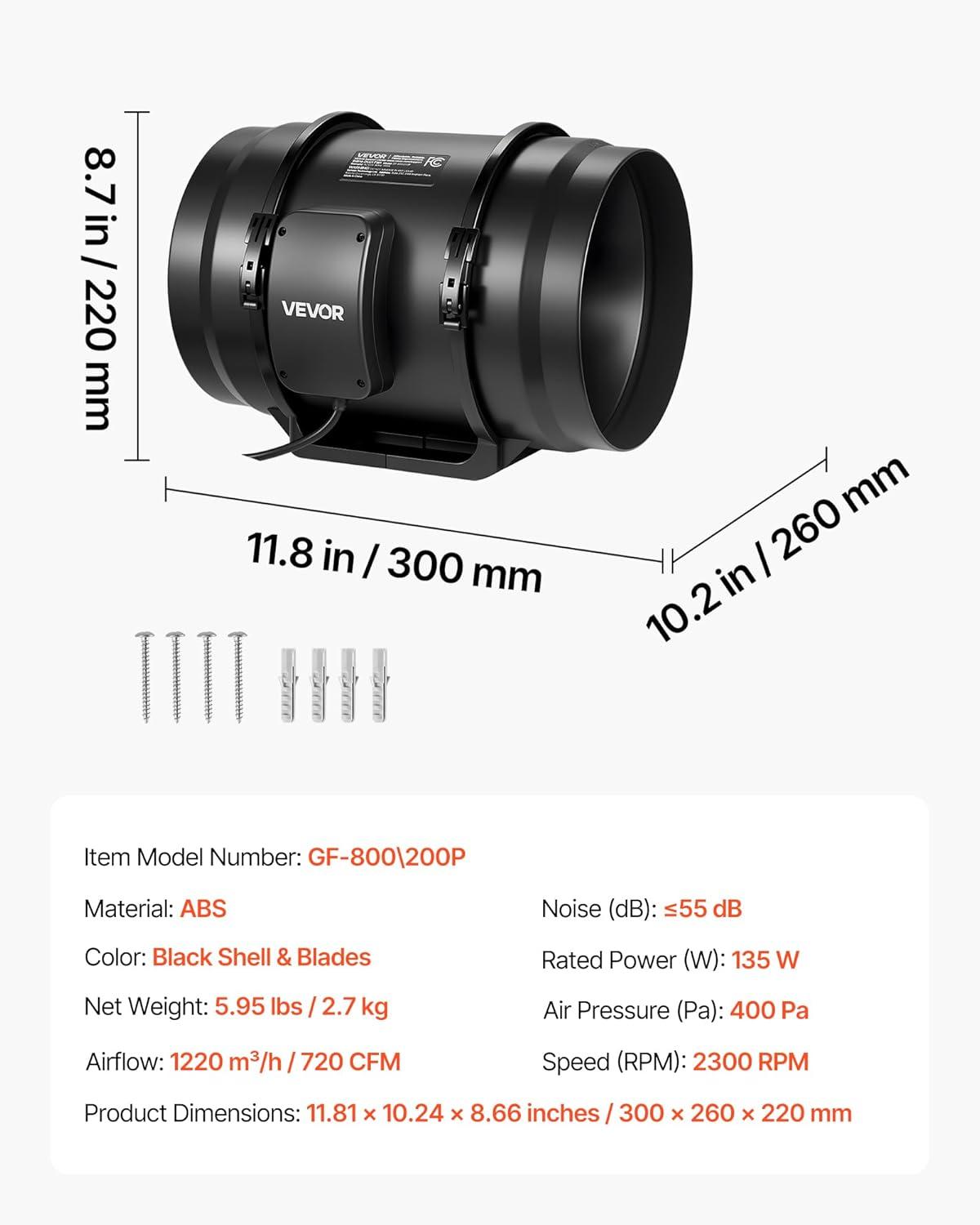 image:imageVEVOR Inline Duct Fan 6Inch 400 CFM with Variable Speed Controller Quiet ACMotor Ventilation Exhaust Fan for Cooling Booster Grow Tents Hydroponics8 Inline Fan