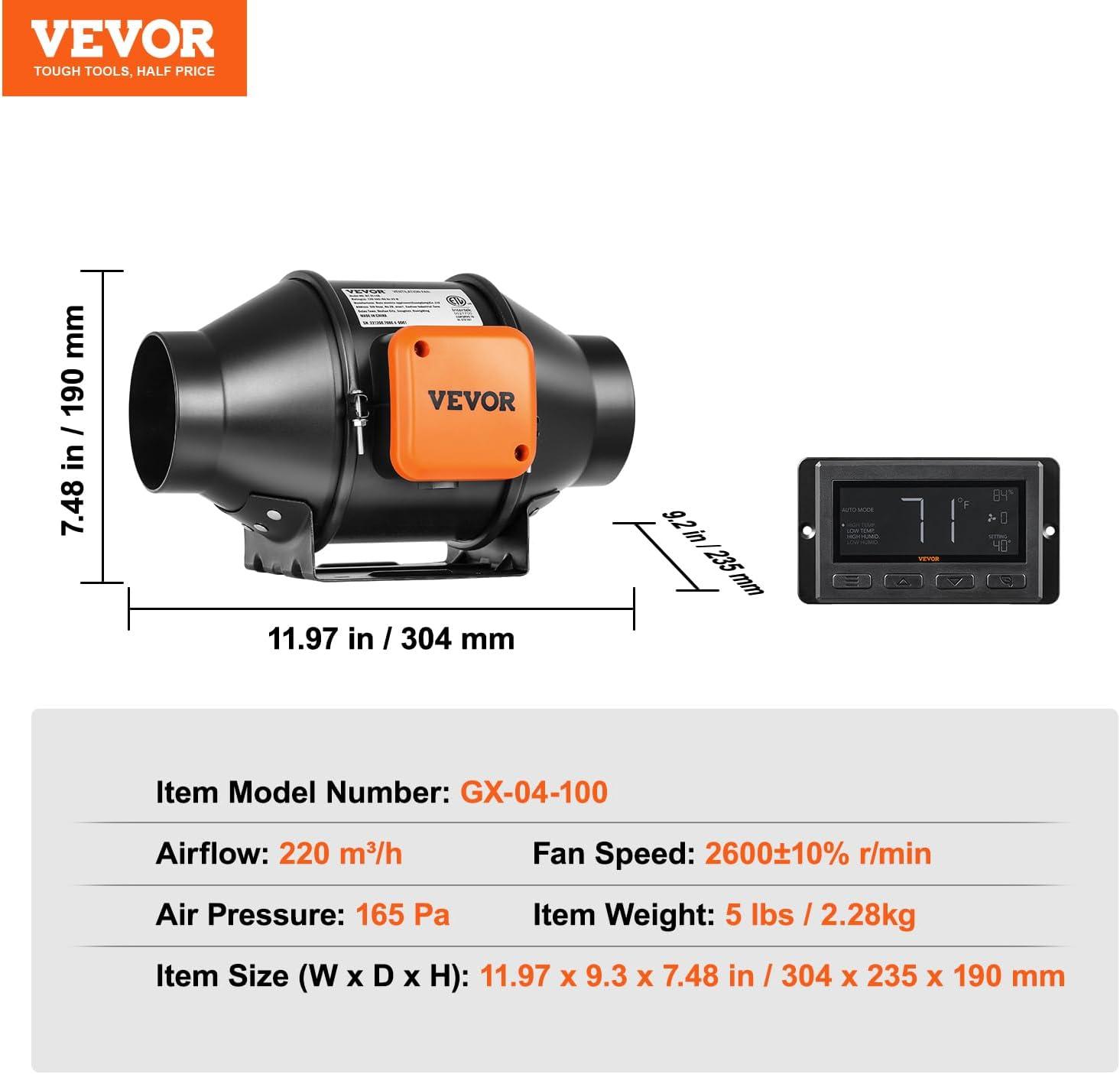 image:imageVEVOR Inline Duct Fan 8Inch 807 CFM with Temperature Humidity Controller Quiet ECMotor Ventilation Exhaust Fan for Cooling Booster Grow Tents Hydroponics4 Inch
