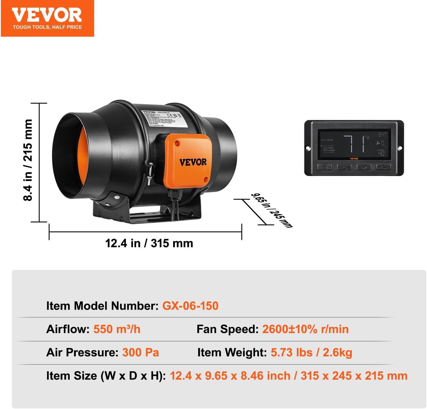 image:imageVEVOR Inline Duct Fan 8Inch 807 CFM with Temperature Humidity Controller Quiet ECMotor Ventilation Exhaust Fan for Cooling Booster Grow Tents Hydroponics6 Inch