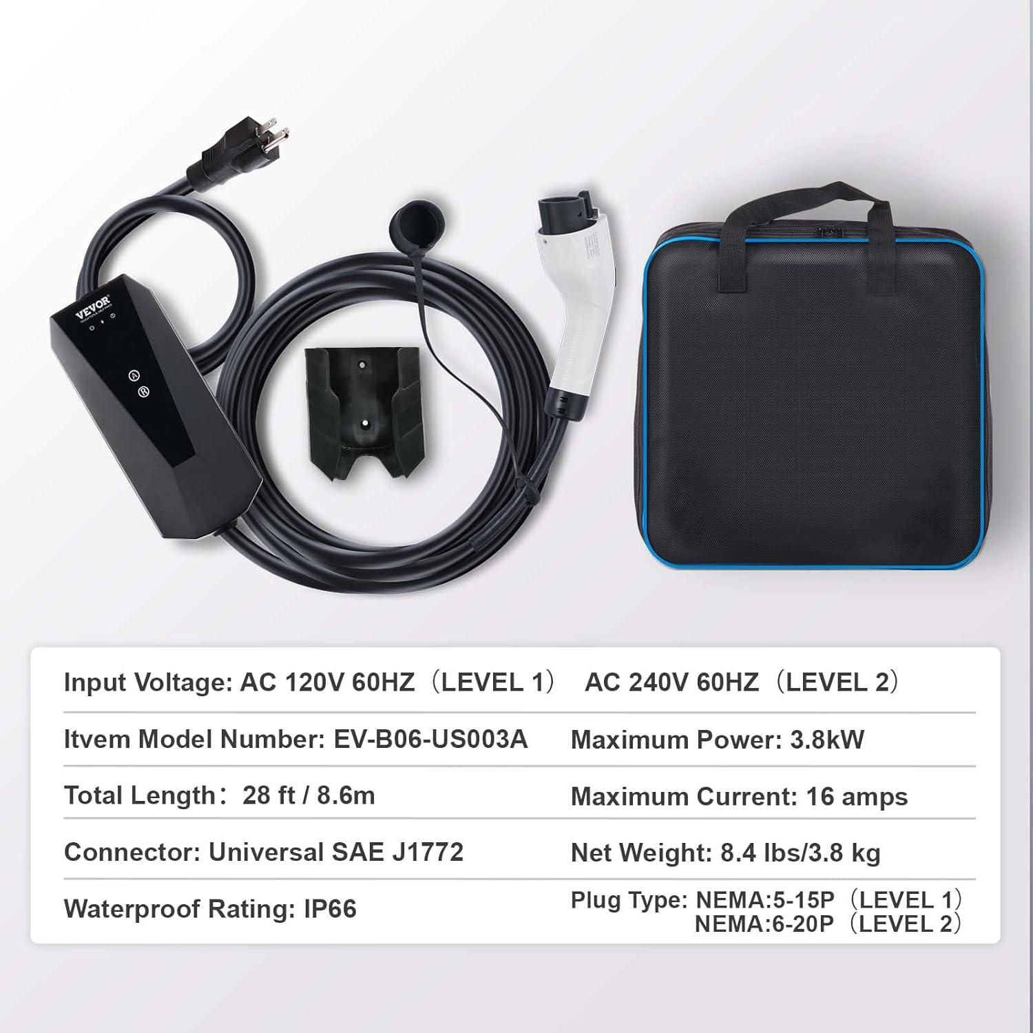 image:imageVEVOR Level 2 Portable EV Charger 40A 240V Electric Vehicle Charger with 25 ft Charging Cable NEMA 1450P Plug 40A32A24A16A Adjustable Current Plugin Home EV Charging Station for SAE J1772 EVs16 Amp