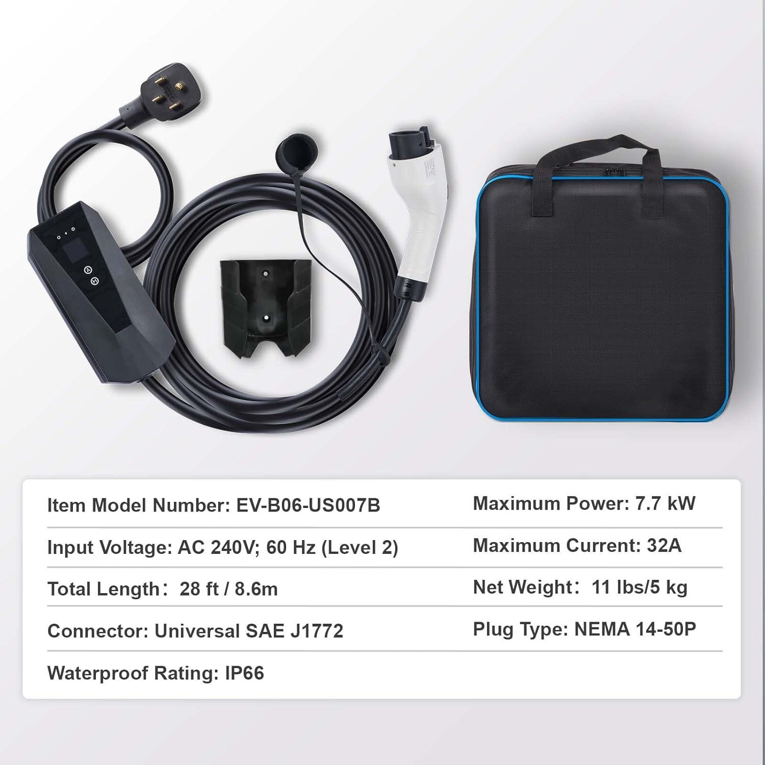 image:imageVEVOR Level 2 Portable EV Charger 40A 240V Electric Vehicle Charger with 25 ft Charging Cable NEMA 1450P Plug 40A32A24A16A Adjustable Current Plugin Home EV Charging Station for SAE J1772 EVs32 Amp