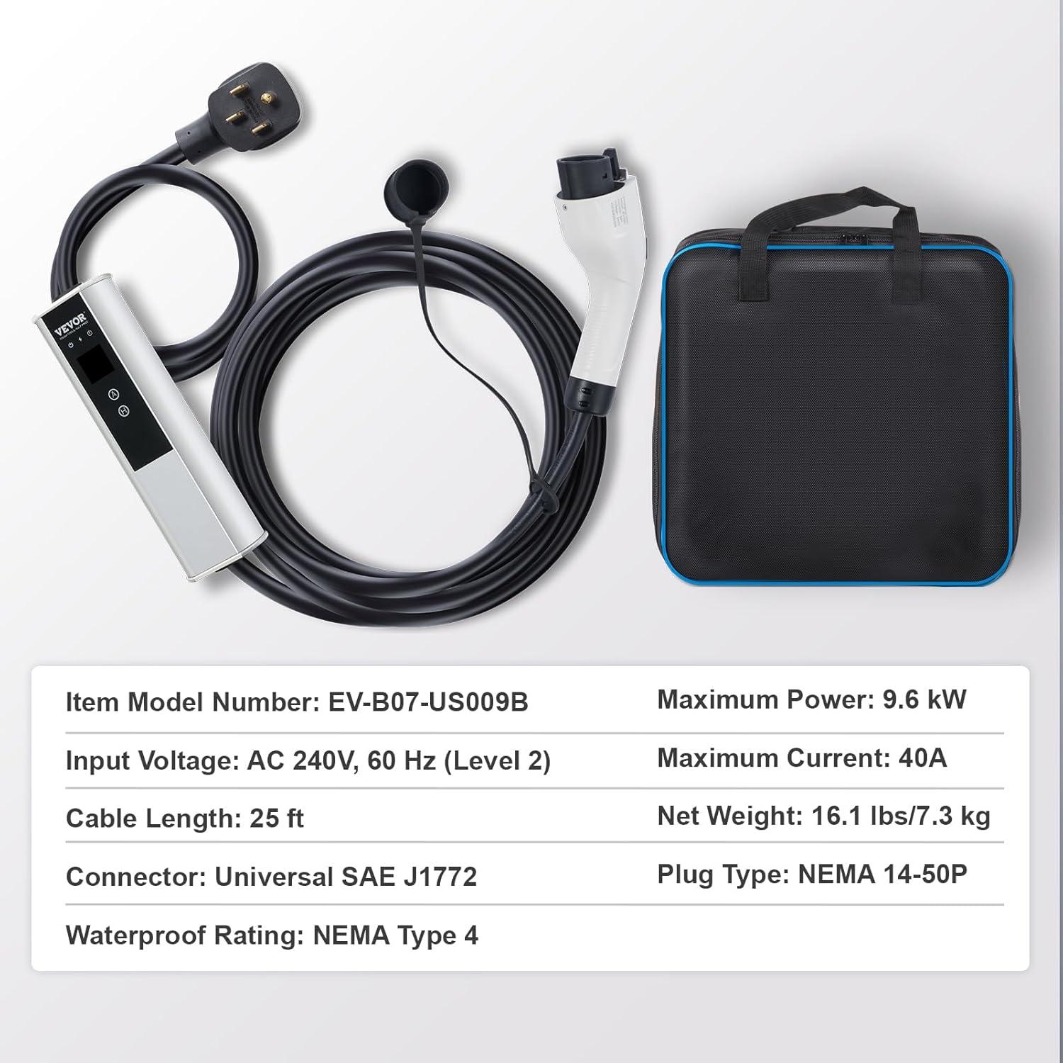 image:imageVEVOR Level 2 Portable EV Charger 40A 240V Electric Vehicle Charger with 25 ft Charging Cable NEMA 1450P Plug 40A32A24A16A Adjustable Current Plugin Home EV Charging Station for SAE J1772 EVs40 Amp