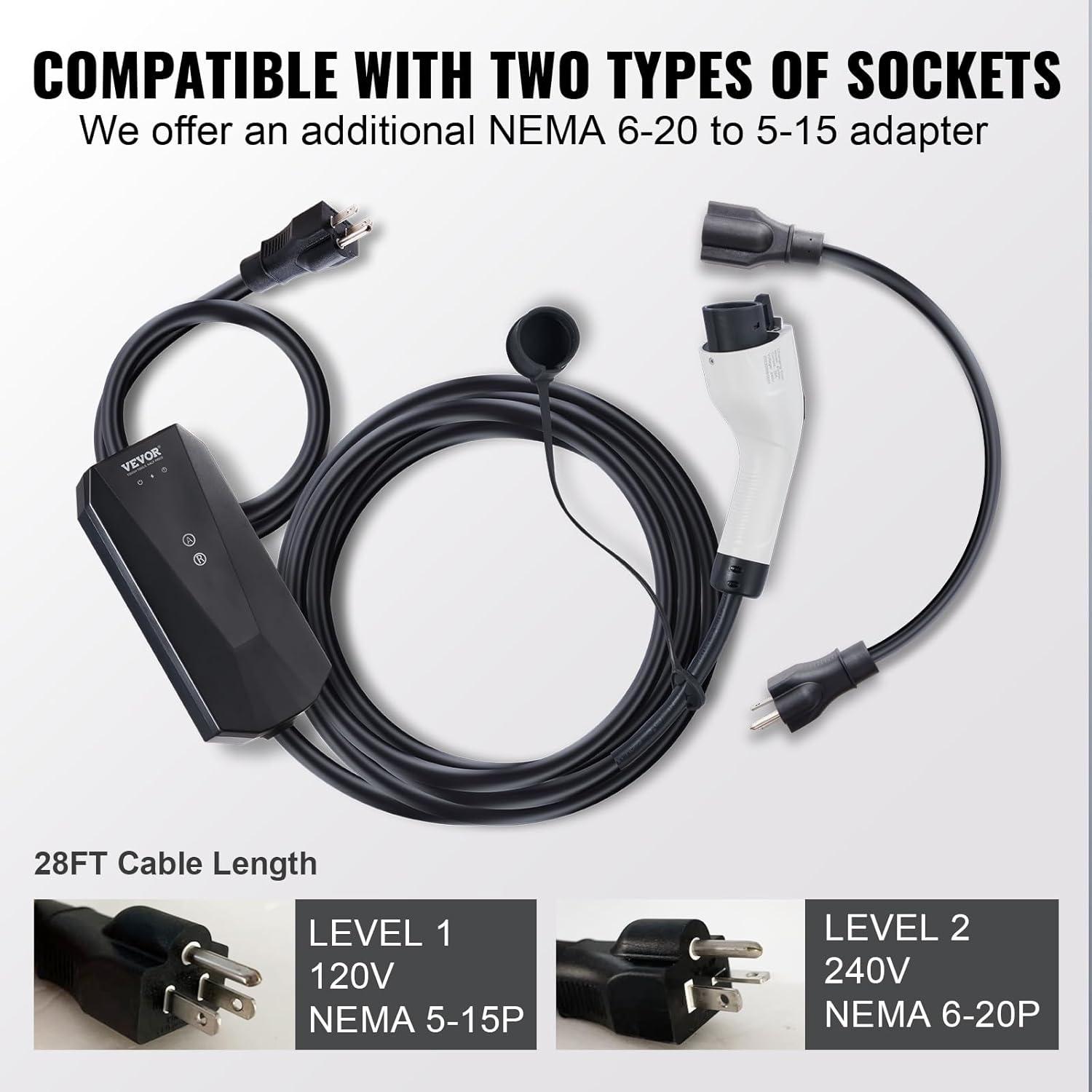 image:imageVEVOR Level 2 Portable EV Charger 40A 240V Electric Vehicle Charger with 25 ft Charging Cable NEMA 1450P Plug 40A32A24A16A Adjustable Current Plugin Home EV Charging Station for SAE J1772 EVs16 Amp