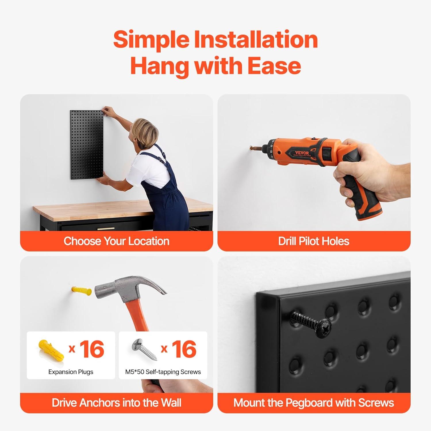 image:imageVEVOR Metal Pegboard Panels 24 x 12 Pegboard 4 Panels Heavy Duty Peg Board Wall Organizer with Accessories for Living Room Garage Tool Storage Office Organization Craft Room Kitchen Home Black4 PCS