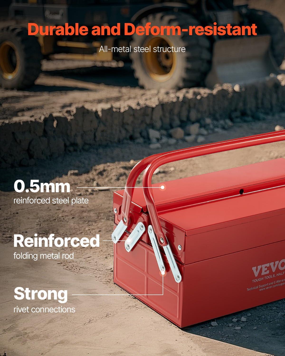 image:imageVEVOR Metal Tool Box 14inch 2Tier 3Tray Portable Folding Tool Chest Organizer with Handle amp Lock Hole Powder Coated Steel Cantilever Toolbox for Household Factory Warehouse Repair Shop Red2 Tier3 Tray