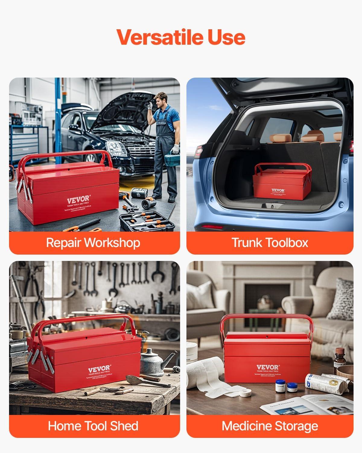 image:imageVEVOR Metal Tool Box 14inch 2Tier 3Tray Portable Folding Tool Chest Organizer with Handle amp Lock Hole Powder Coated Steel Cantilever Toolbox for Household Factory Warehouse Repair Shop Red2 Tier3 Tray