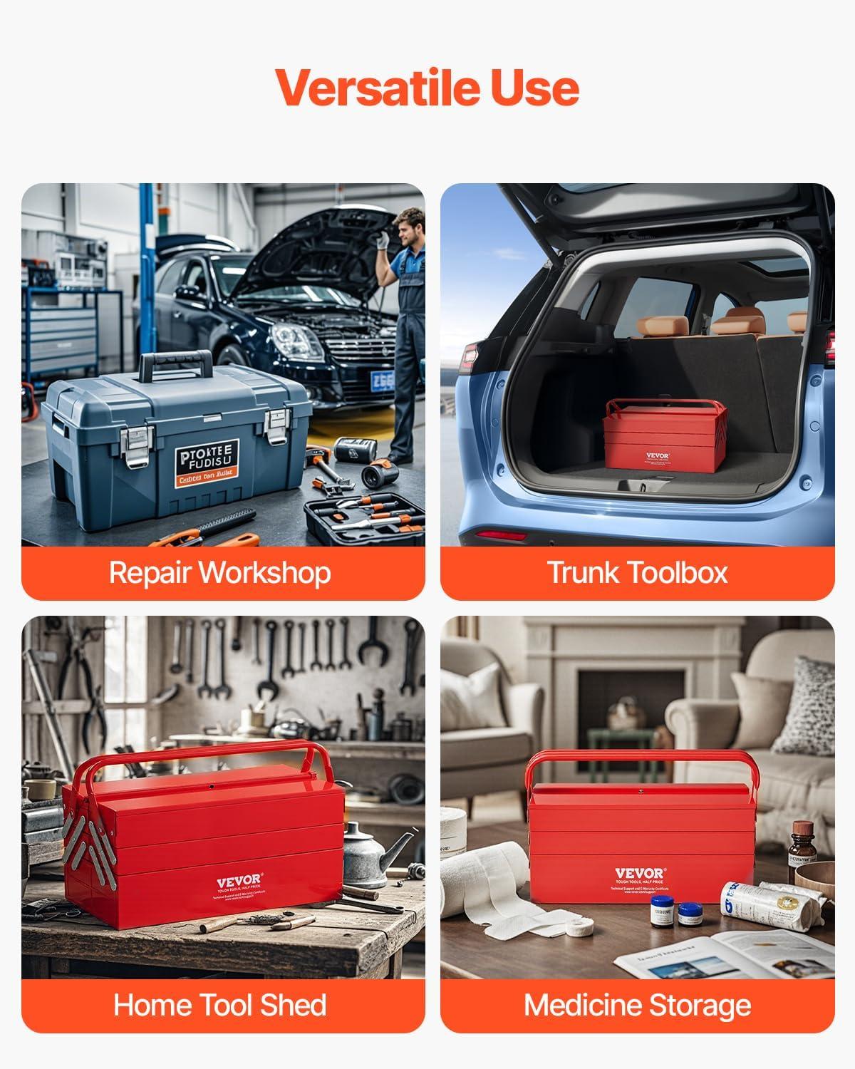 image:imageVEVOR Metal Tool Box 14inch 2Tier 3Tray Portable Folding Tool Chest Organizer with Handle amp Lock Hole Powder Coated Steel Cantilever Toolbox for Household Factory Warehouse Repair Shop Red3 Tier5 Tray