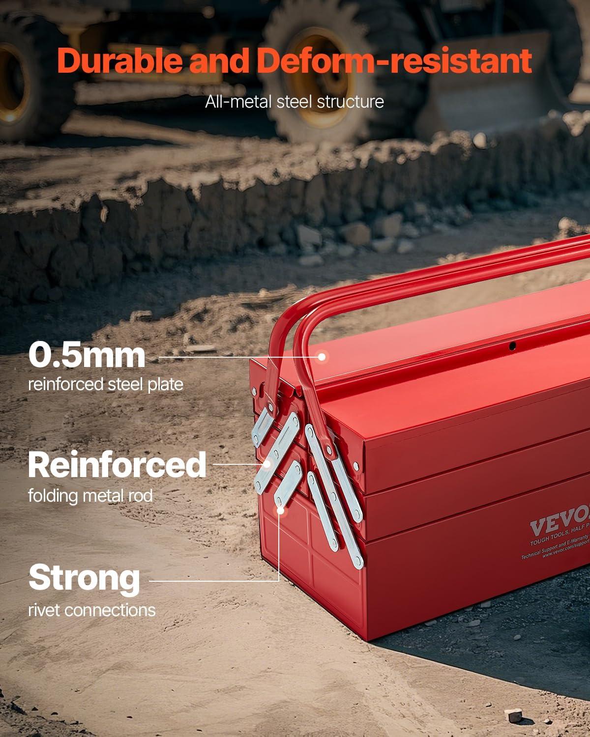 image:imageVEVOR Metal Tool Box 14inch 2Tier 3Tray Portable Folding Tool Chest Organizer with Handle amp Lock Hole Powder Coated Steel Cantilever Toolbox for Household Factory Warehouse Repair Shop Red3 Tier5 Tray