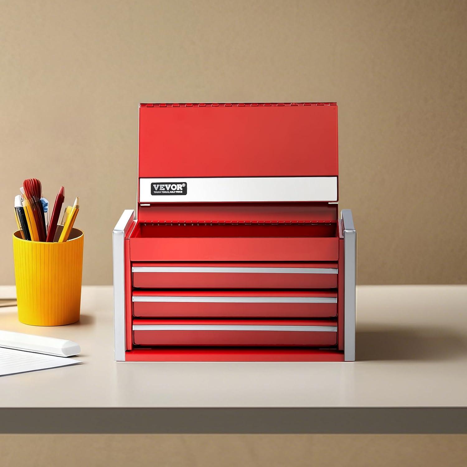 image:imageVEVOR Metal Tool Box 205inch Portable Metal Tool Box with 4 Drawers Small Tool Chest with EVA Liners Ball Bearing Slide Drawers Locking amp Powder Coated Finish MultiFunction Tool OrganizerRed3 Drawer