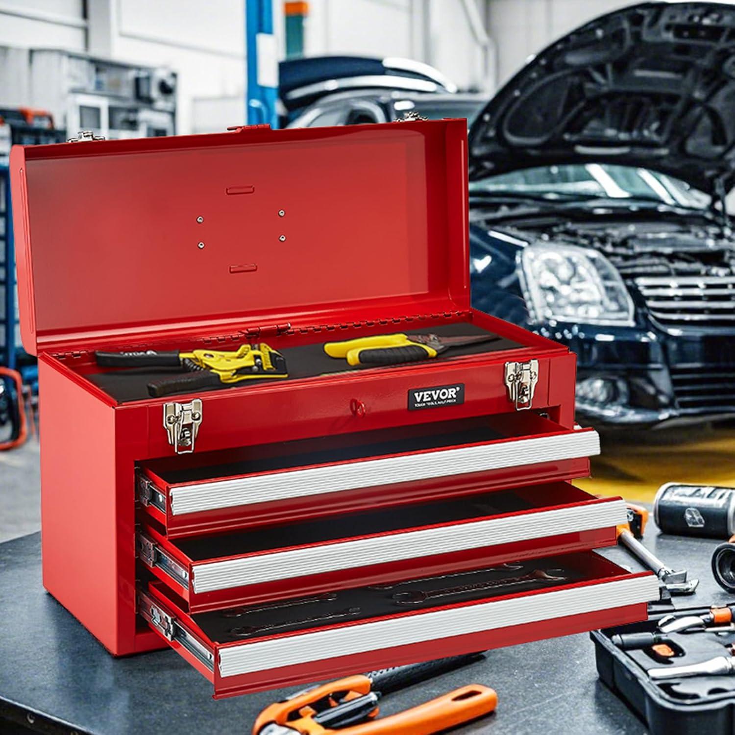 image:imageVEVOR Metal Tool Box 205inch Portable Metal Tool Box with 4 Drawers Small Tool Chest with EVA Liners Ball Bearing Slide Drawers Locking amp Powder Coated Finish MultiFunction Tool OrganizerRed3 Drawer