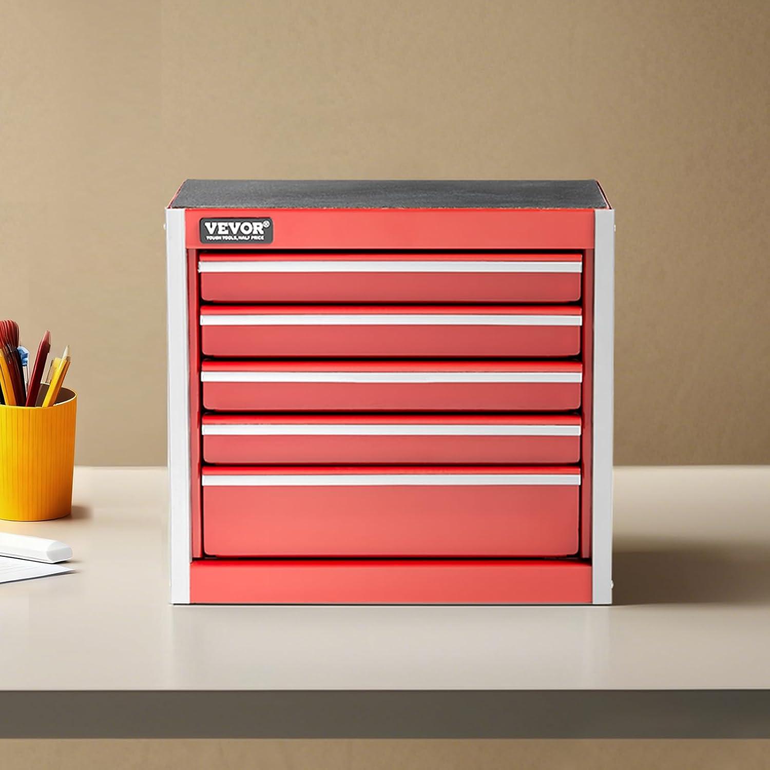 image:imageVEVOR Metal Tool Box 205inch Portable Metal Tool Box with 4 Drawers Small Tool Chest with EVA Liners Ball Bearing Slide Drawers Locking amp Powder Coated Finish MultiFunction Tool OrganizerRed5 Drawer
