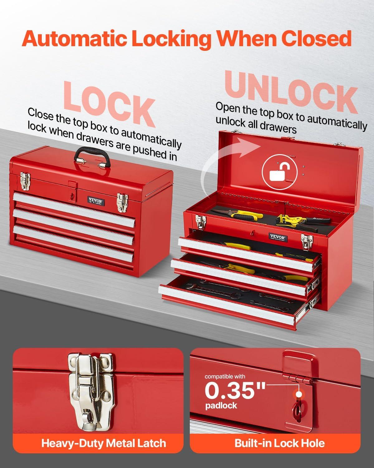 image:imageVEVOR Metal Tool Box 86inch Portable Metal Tool Box with 3 Drawers Small Tool Chest with EVA Liners and PP Feet Pads HeavyDuty Steel With Ball Bearing Opening and Powder Coated Finish BlackRed3 Drawer