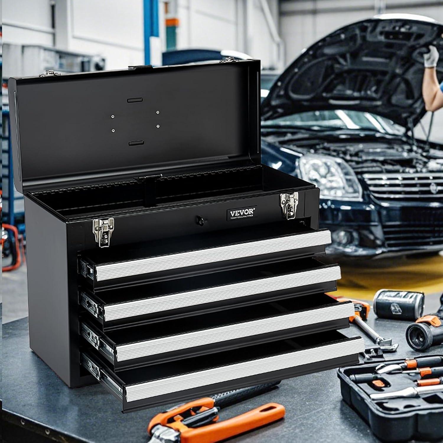 image:imageVEVOR Metal Tool Box 86inch Portable Metal Tool Box with 3 Drawers Small Tool Chest with EVA Liners and PP Feet Pads HeavyDuty Steel With Ball Bearing Opening and Powder Coated Finish BlackBlack4 Drawer
