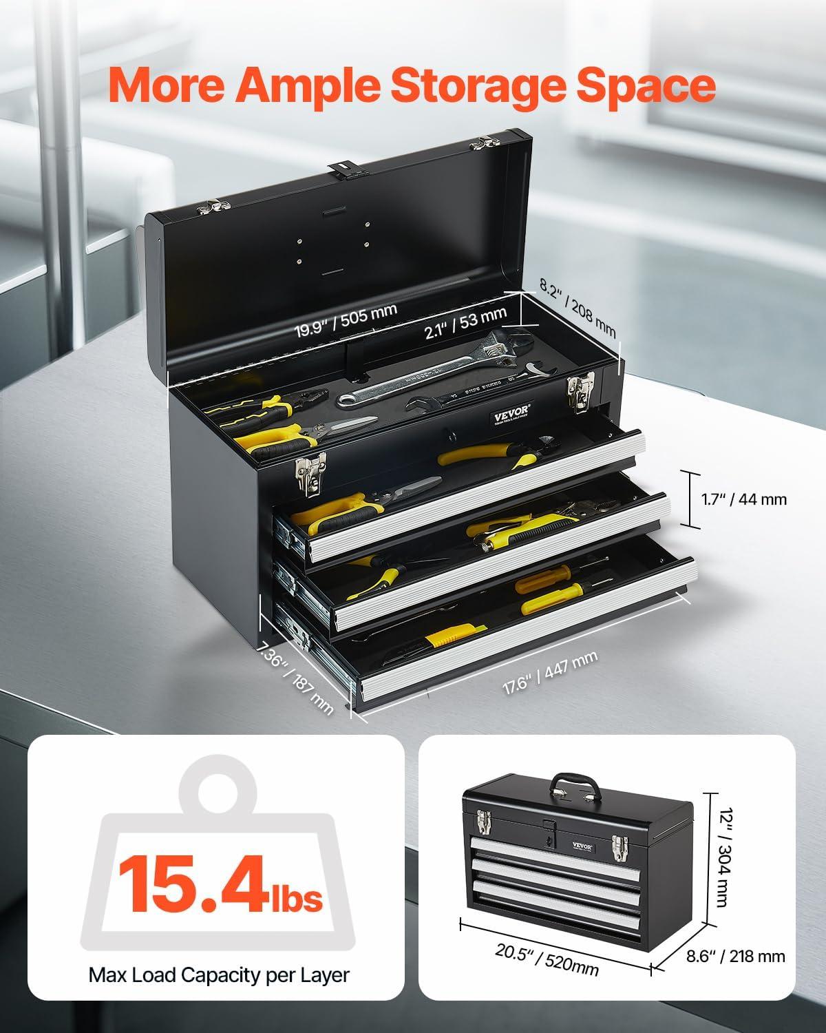 image:imageVEVOR Metal Tool Box 86inch Portable Metal Tool Box with 3 Drawers Small Tool Chest with EVA Liners and PP Feet Pads HeavyDuty Steel With Ball Bearing Opening and Powder Coated Finish BlackBlack3 Drawer