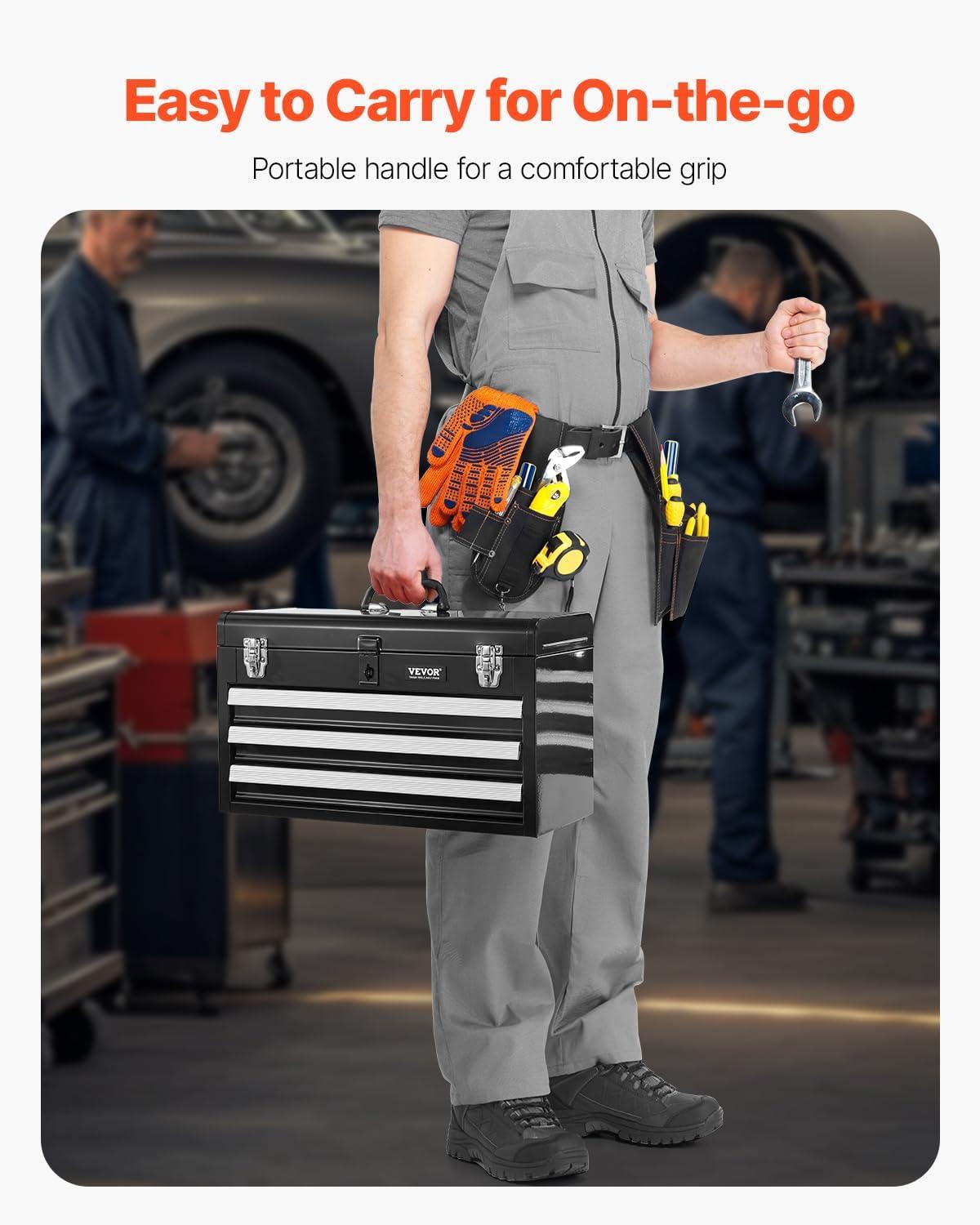 image:imageVEVOR Metal Tool Box 86inch Portable Metal Tool Box with 3 Drawers Small Tool Chest with EVA Liners and PP Feet Pads HeavyDuty Steel With Ball Bearing Opening and Powder Coated Finish BlackBlack3 Drawer