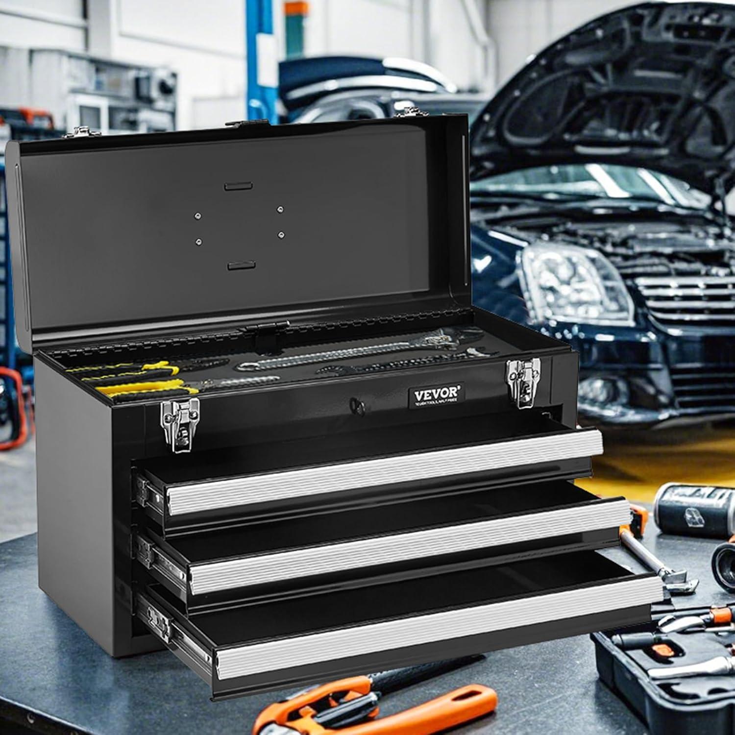 image:imageVEVOR Metal Tool Box 86inch Portable Metal Tool Box with 3 Drawers Small Tool Chest with EVA Liners and PP Feet Pads HeavyDuty Steel With Ball Bearing Opening and Powder Coated Finish BlackBlack3 Drawer