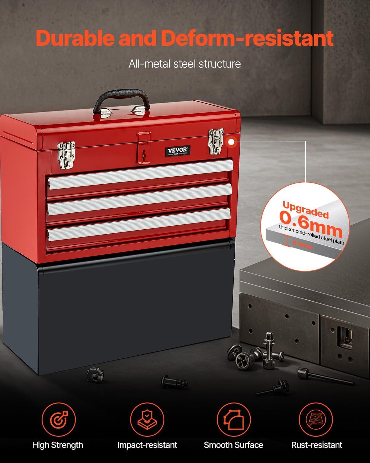 image:imageVEVOR Metal Tool Box 86inch Portable Metal Tool Box with 3 Drawers Small Tool Chest with EVA Liners and PP Feet Pads HeavyDuty Steel With Ball Bearing Opening and Powder Coated Finish BlackRed3 Drawer