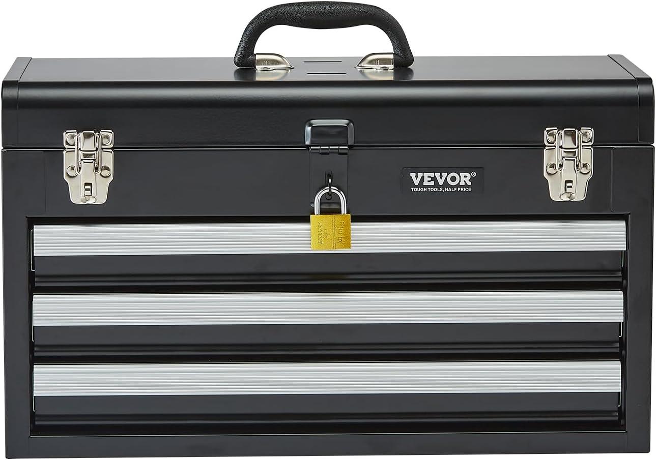 image:imageVEVOR Metal Tool Box 86inch Portable Metal Tool Box with 3 Drawers Small Tool Chest with EVA Liners and PP Feet Pads HeavyDuty Steel With Ball Bearing Opening and Powder Coated Finish BlackBlack3 Drawer