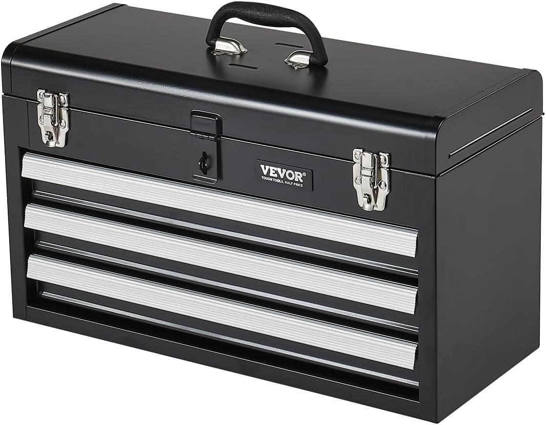 image:imageVEVOR Metal Tool Box 86inch Portable Metal Tool Box with 3 Drawers Small Tool Chest with EVA Liners and PP Feet Pads HeavyDuty Steel With Ball Bearing Opening and Powder Coated Finish BlackBlack3 Drawer