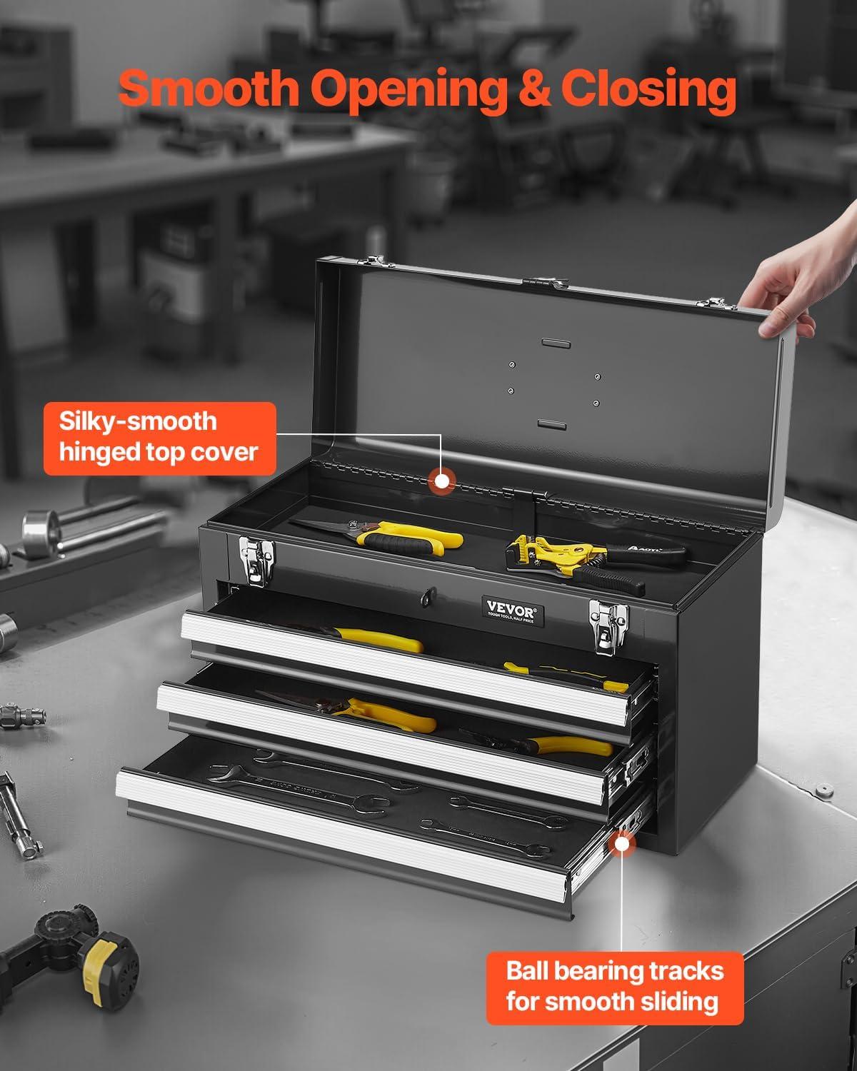 image:imageVEVOR Metal Tool Box 86inch Portable Metal Tool Box with 3 Drawers Small Tool Chest with EVA Liners and PP Feet Pads HeavyDuty Steel With Ball Bearing Opening and Powder Coated Finish BlackBlack3 Drawer