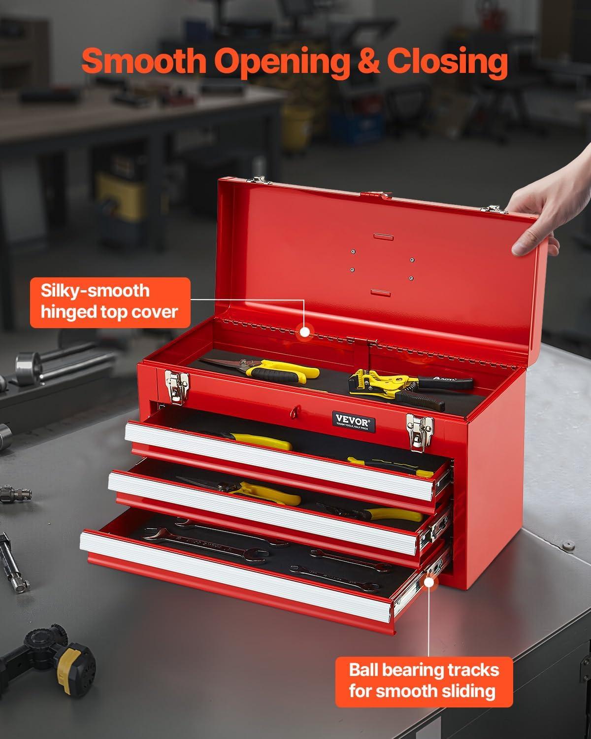 image:imageVEVOR Metal Tool Box 86inch Portable Metal Tool Box with 3 Drawers Small Tool Chest with EVA Liners and PP Feet Pads HeavyDuty Steel With Ball Bearing Opening and Powder Coated Finish BlackRed3 Drawer