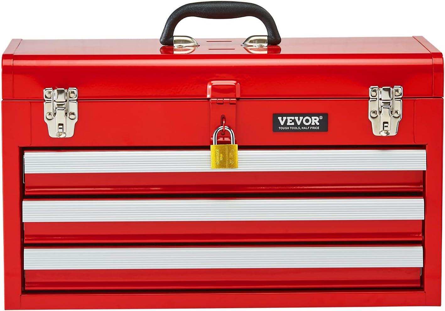 image:imageVEVOR Metal Tool Box 86inch Portable Metal Tool Box with 3 Drawers Small Tool Chest with EVA Liners and PP Feet Pads HeavyDuty Steel With Ball Bearing Opening and Powder Coated Finish BlackRed3 Drawer