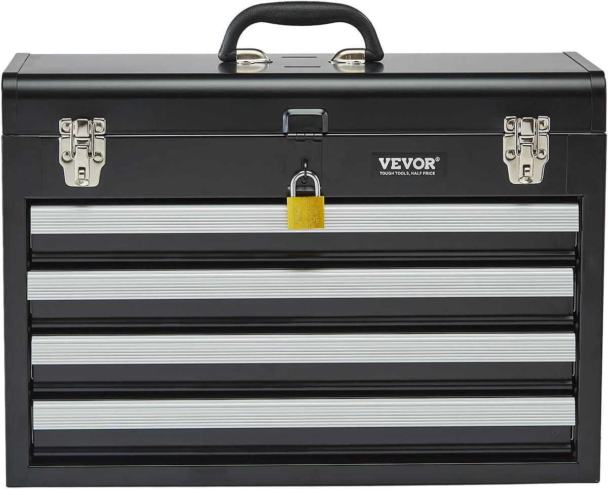 image:imageVEVOR Metal Tool Box 86inch Portable Metal Tool Box with 3 Drawers Small Tool Chest with EVA Liners and PP Feet Pads HeavyDuty Steel With Ball Bearing Opening and Powder Coated Finish BlackBlack4 Drawer