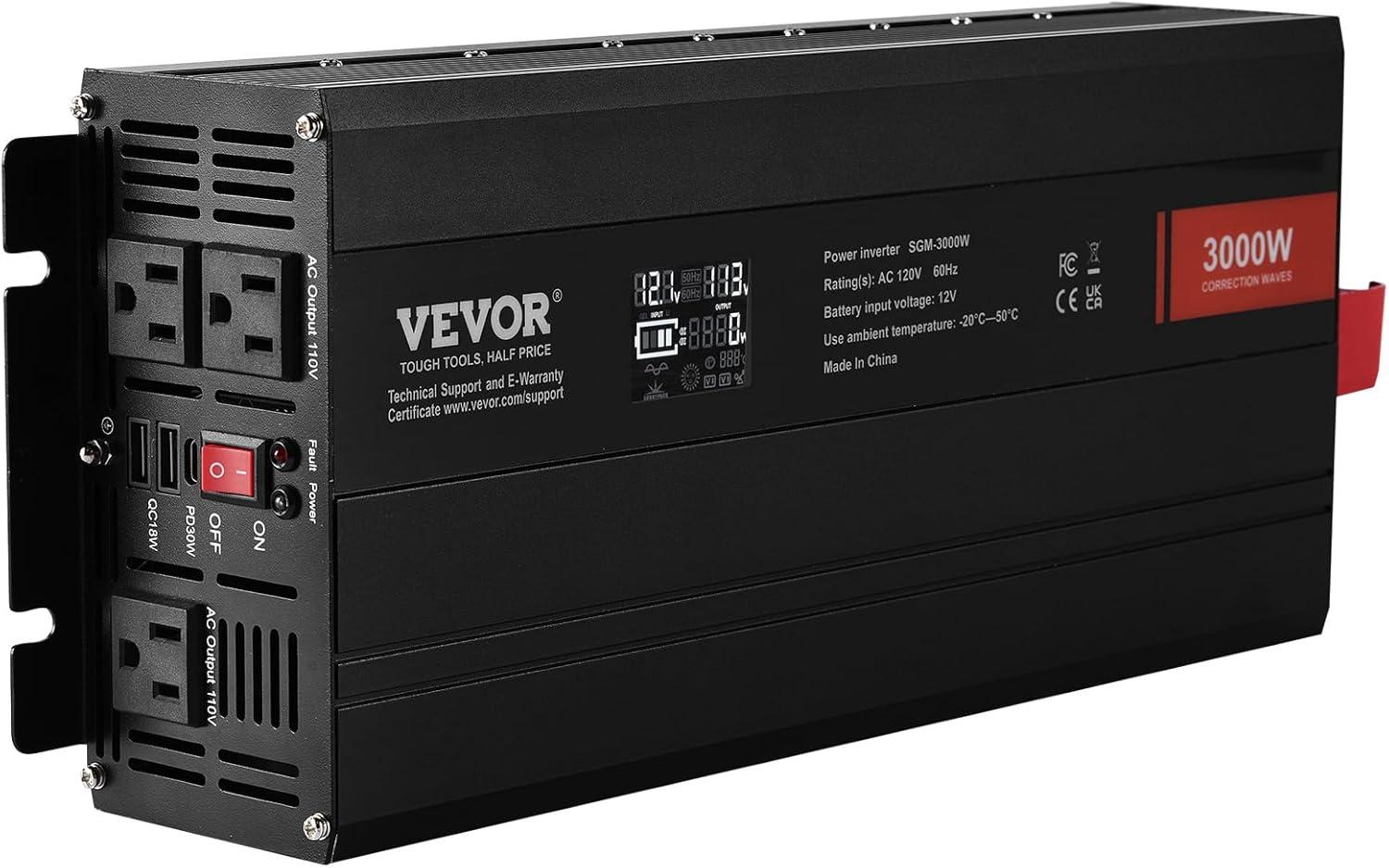 image:imageVEVOR Modified Sine Wave Inverter 1500W DC 12V to AC 120V Power Inverter with 2 AC Outlets 2 USB Port 1 TypeC Port 6 Spare Fuses for Small Home Devices Like Smartphone Laptop CE FCC Certified3000 Watt