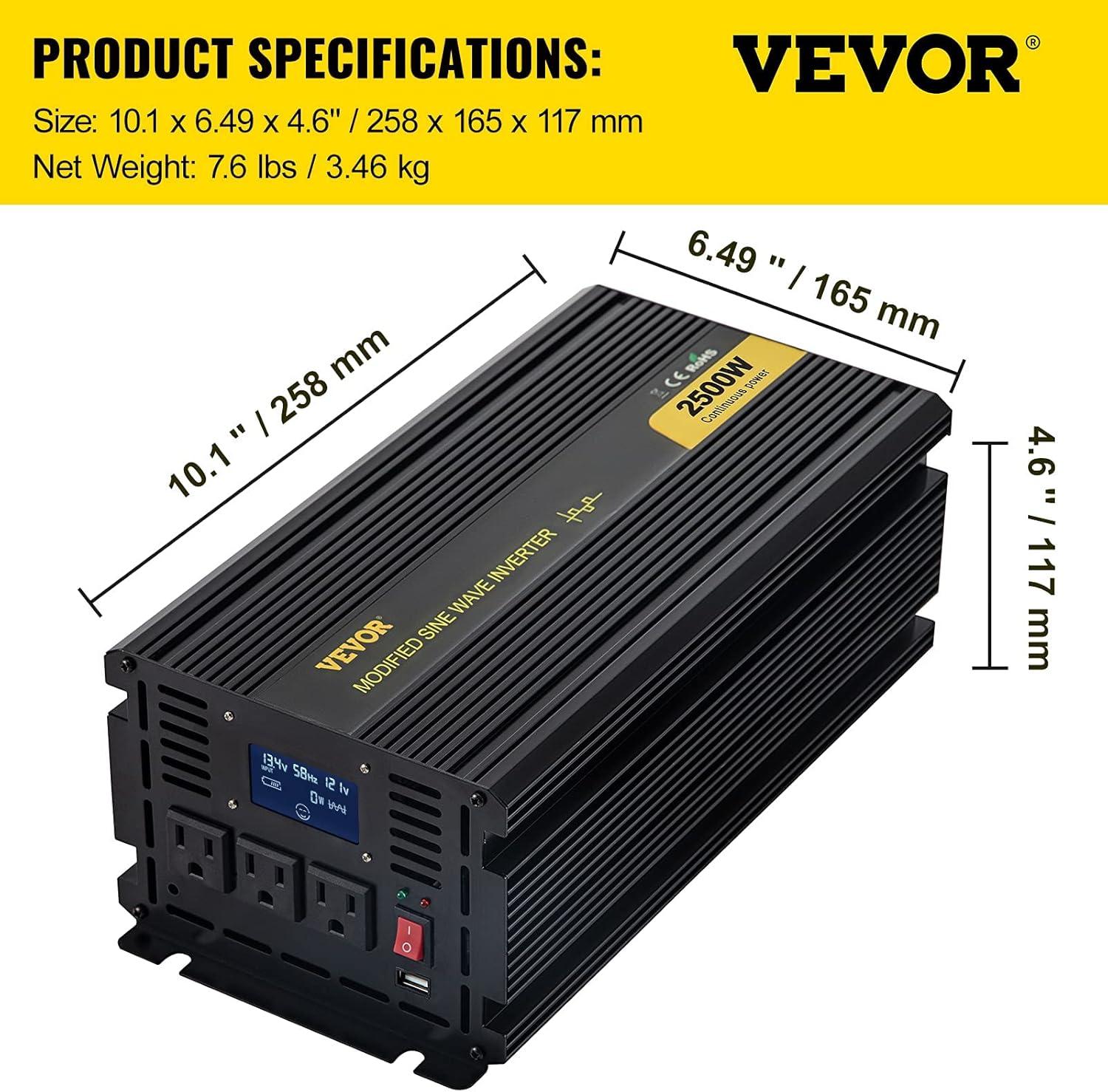 image:imageVEVOR Modified Sine Wave Inverter 1500W DC 12V to AC 120V Power Inverter with 2 AC Outlets 2 USB Port 1 TypeC Port 6 Spare Fuses for Small Home Devices Like Smartphone Laptop CE FCC Certified2500W