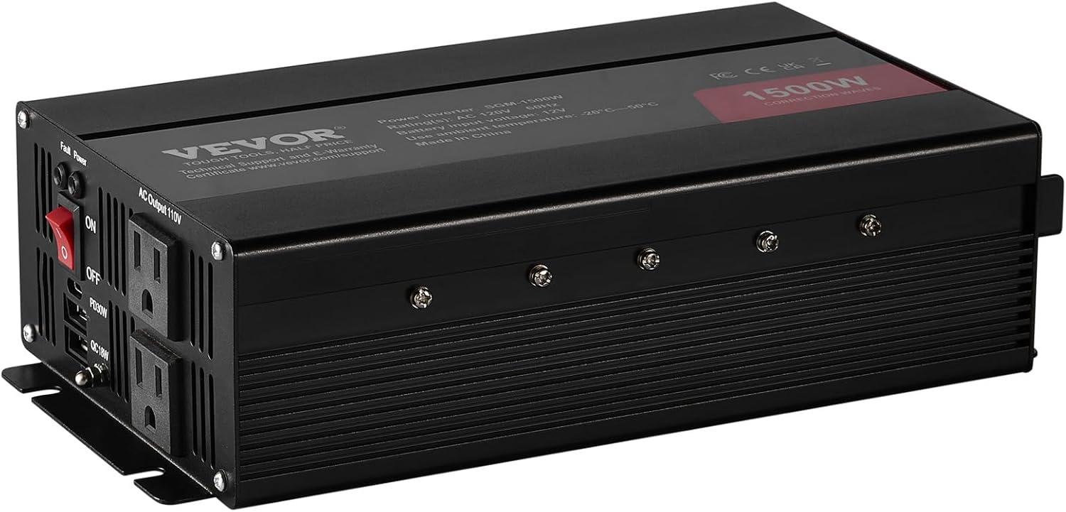 image:imageVEVOR Modified Sine Wave Inverter 1500W DC 12V to AC 120V Power Inverter with 2 AC Outlets 2 USB Port 1 TypeC Port 6 Spare Fuses for Small Home Devices Like Smartphone Laptop CE FCC Certified1500W
