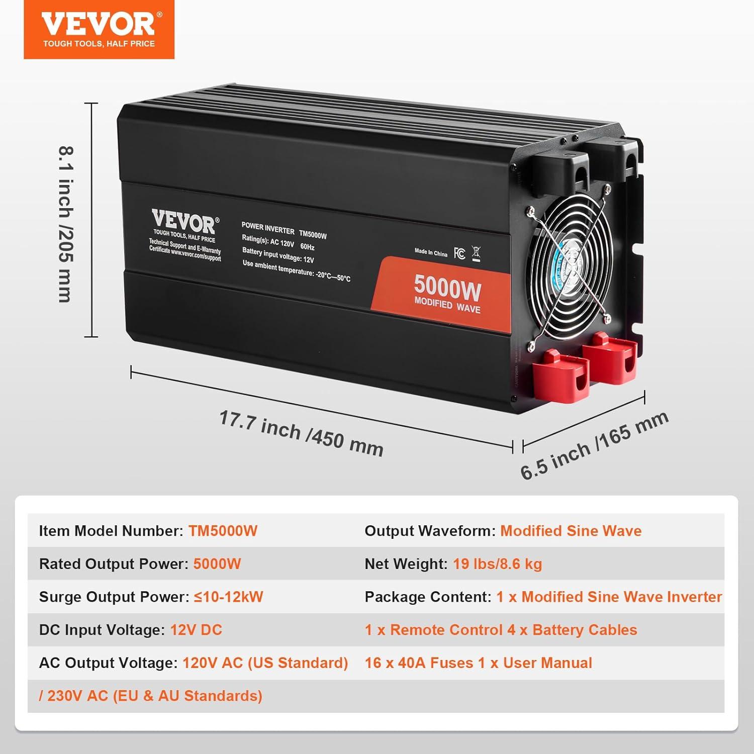 image:imageVEVOR Modified Sine Wave Inverter 1500W DC 12V to AC 120V Power Inverter with 2 AC Outlets 2 USB Port 1 TypeC Port 6 Spare Fuses for Small Home Devices Like Smartphone Laptop CE FCC Certified5000 Watt