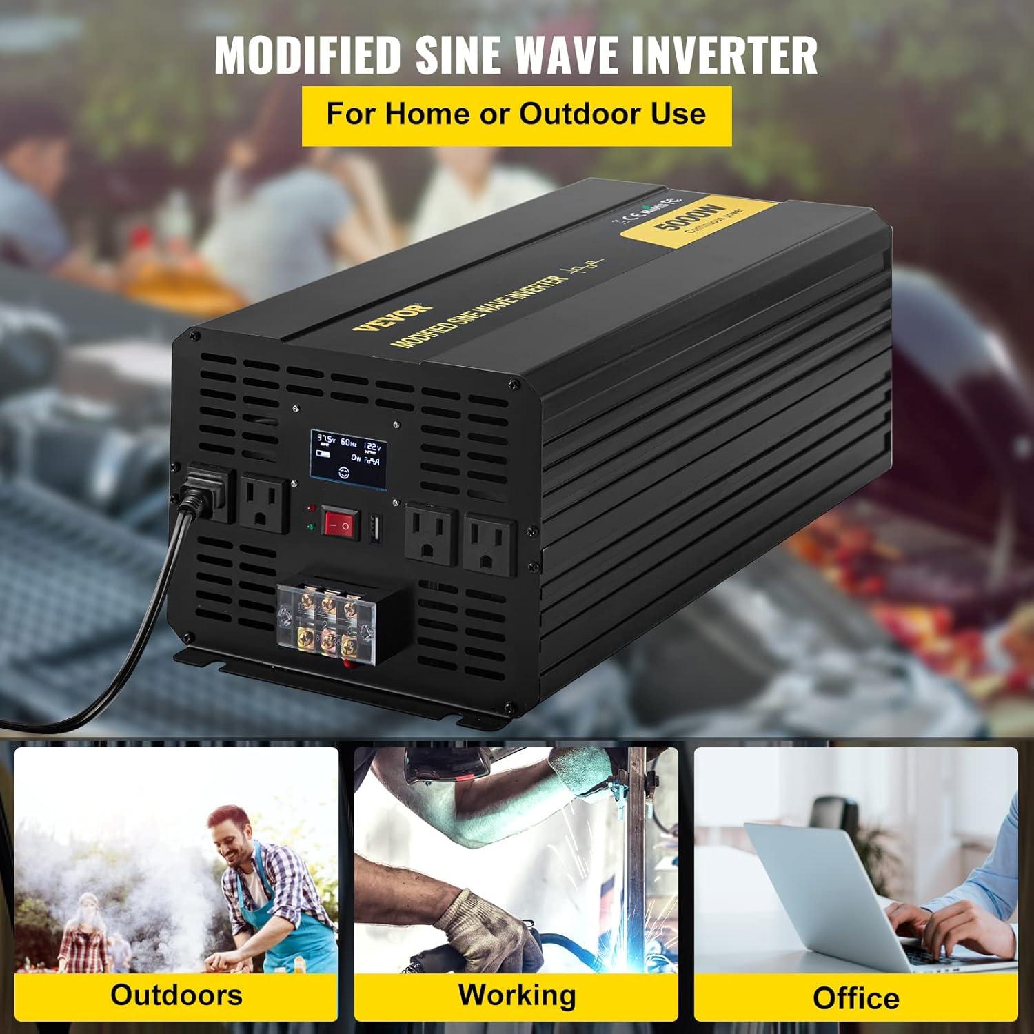 image:imageVEVOR Modified Sine Wave Inverter 1500W DC 12V to AC 120V Power Inverter with 2 AC Outlets 2 USB Port 1 TypeC Port 6 Spare Fuses for Small Home Devices Like Smartphone Laptop CE FCC Certified5000W