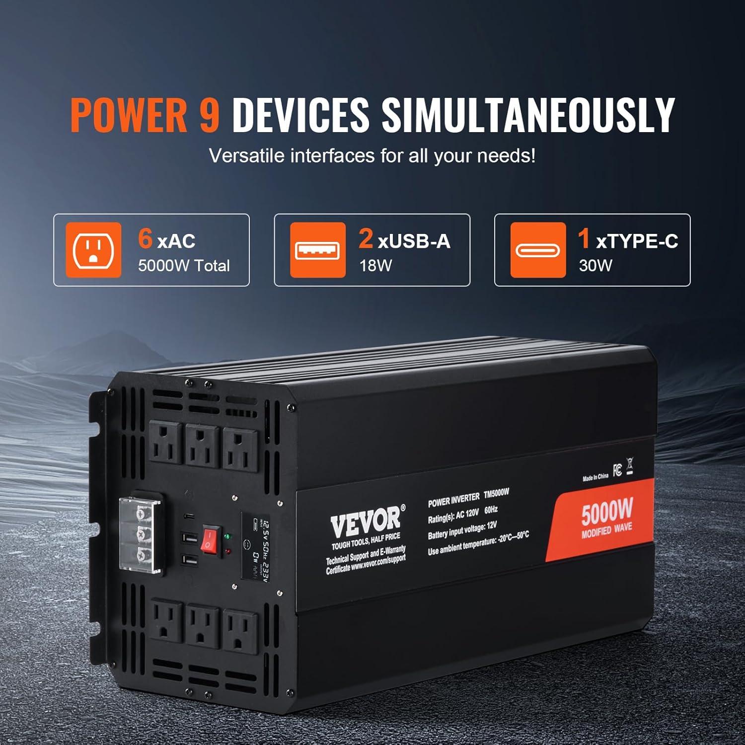 image:imageVEVOR Modified Sine Wave Inverter 1500W DC 12V to AC 120V Power Inverter with 2 AC Outlets 2 USB Port 1 TypeC Port 6 Spare Fuses for Small Home Devices Like Smartphone Laptop CE FCC Certified5000 Watt