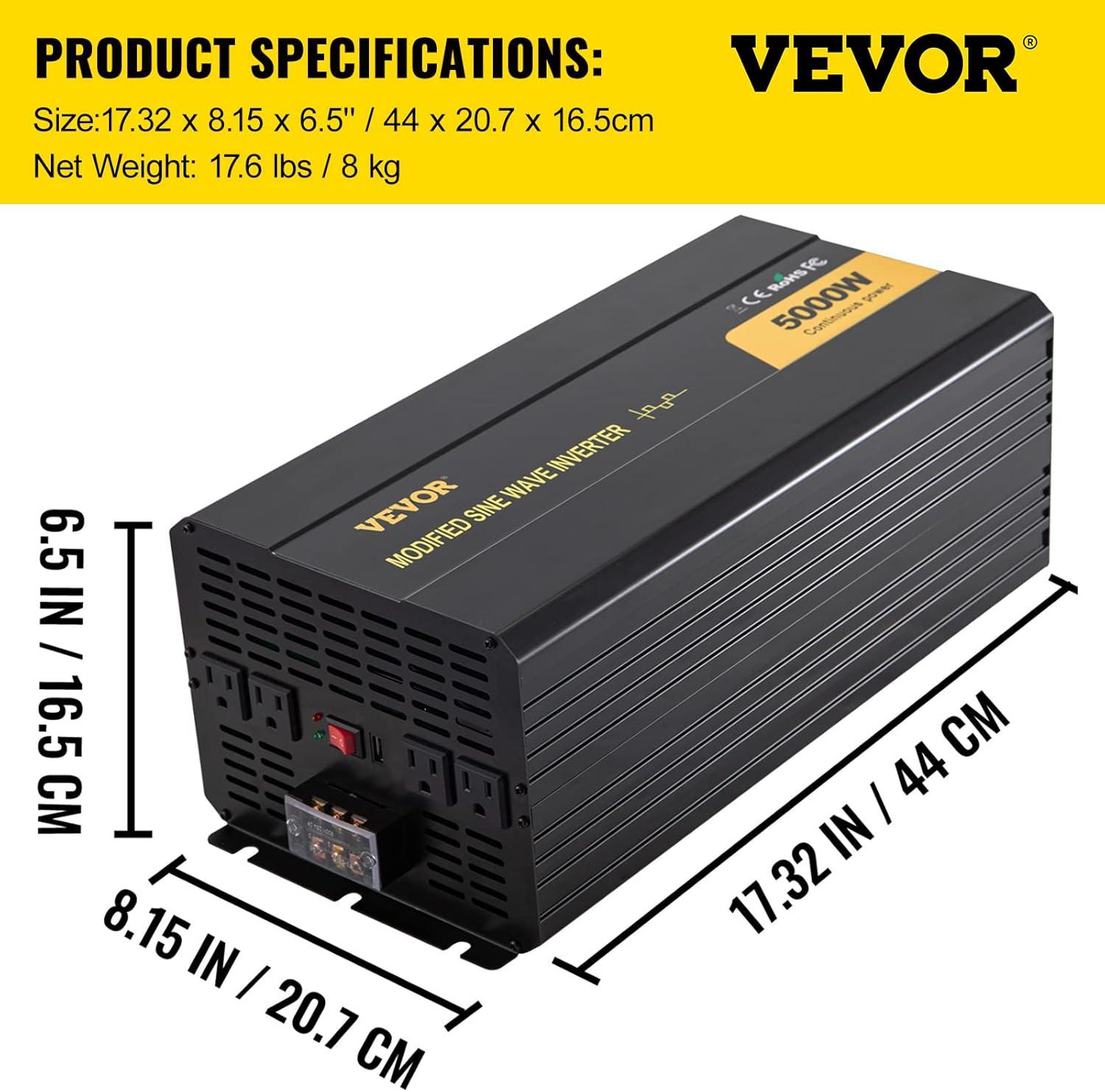 image:imageVEVOR Modified Sine Wave Inverter 1500W DC 12V to AC 120V Power Inverter with 2 AC Outlets 2 USB Port 1 TypeC Port 6 Spare Fuses for Small Home Devices Like Smartphone Laptop CE FCC Certified5000W