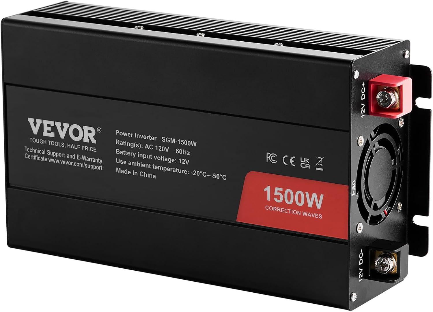 image:imageVEVOR Modified Sine Wave Inverter 1500W DC 12V to AC 120V Power Inverter with 2 AC Outlets 2 USB Port 1 TypeC Port 6 Spare Fuses for Small Home Devices Like Smartphone Laptop CE FCC Certified1500W